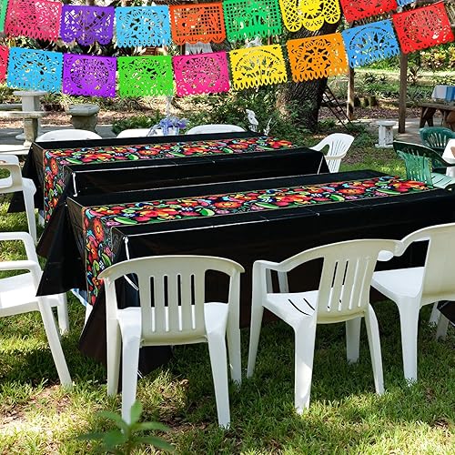 Miniatura 6 de Preboun Mantel de plástico mexicano y pancarta de papel picado mexicano, suministros de decoración de fiesta, cubierta de mesa para mesas