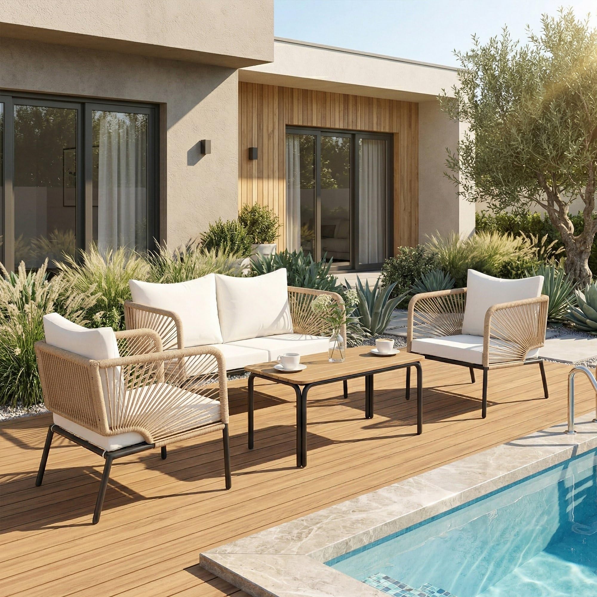 Outsunny Conjunto Jardín Exterior de 4 Piezas con Sofá de 2 Plazas Blanco | 2 Sillones, Mesa de WPC, Ratán PE Tipo Cuerda, Cojines Acolchados, Marco de Metal, para Terraza