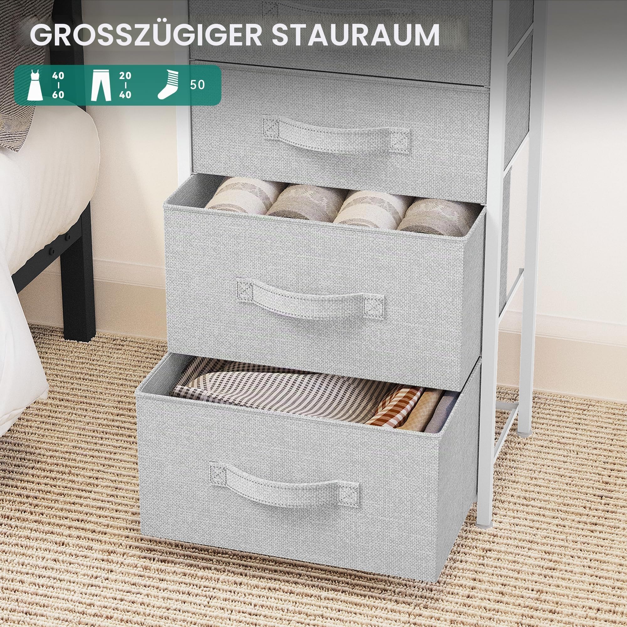 YITAHOME Kommode,Kommode mit 5 Schubladen,Schrank,Stoffschubladen mit Griffen,mit Stabiler Stahlrahmen,Dauerhaft,Hellgrau