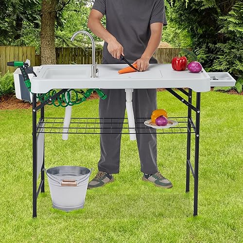 Miniatura 5 de Dragosum Mesa de limpieza de peces de 42 pulgadas para exteriores, estación de fregadero de campamento portátil con fregaderos dobles, rejilla de