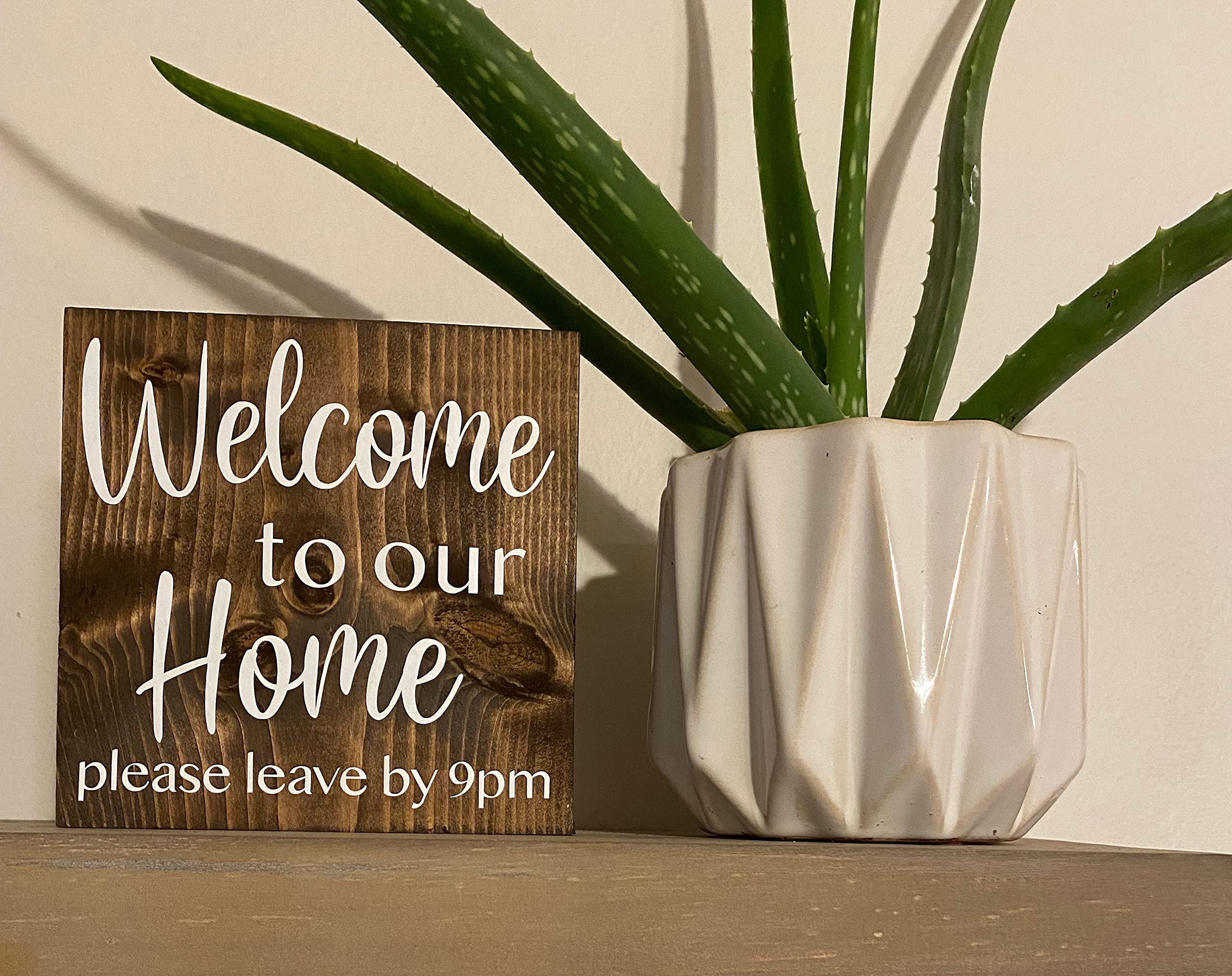 Szhmz Colour-294 Vintage Wooden Tin Signs Welcome To Our Home Please Leave By 9Pm - Housewarming Sign - Guest Room - Entryway Sign - Foyer Decor Plaque 8X8 Inch