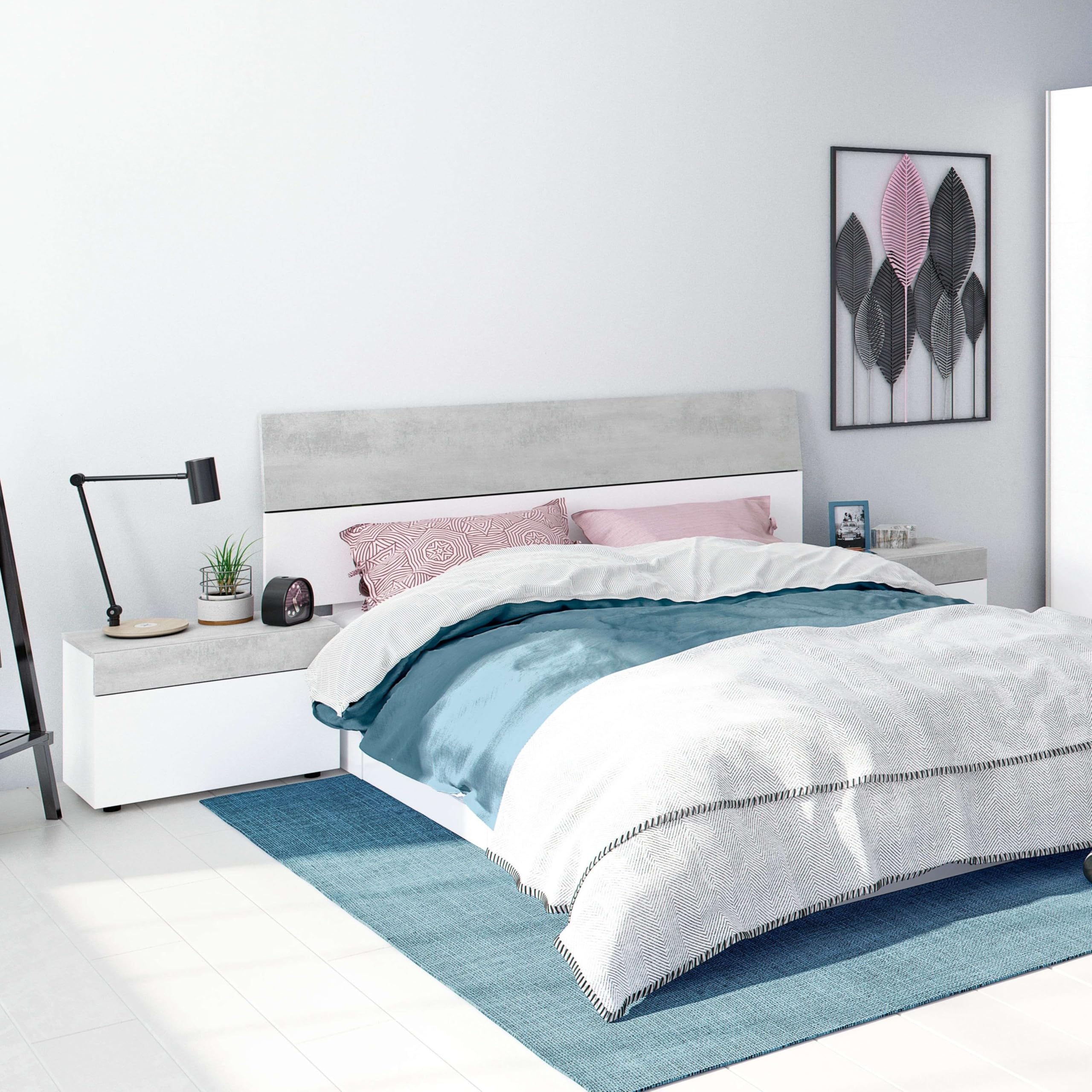Habitdesign – Cabecero de Cama Matrimonio con 2 Mesitas, Cabezal de Matrimonio y Mesillas, Color Blanco Artik y Gris Cemento, 298x40x96,5 cm - Modelo Tekkan