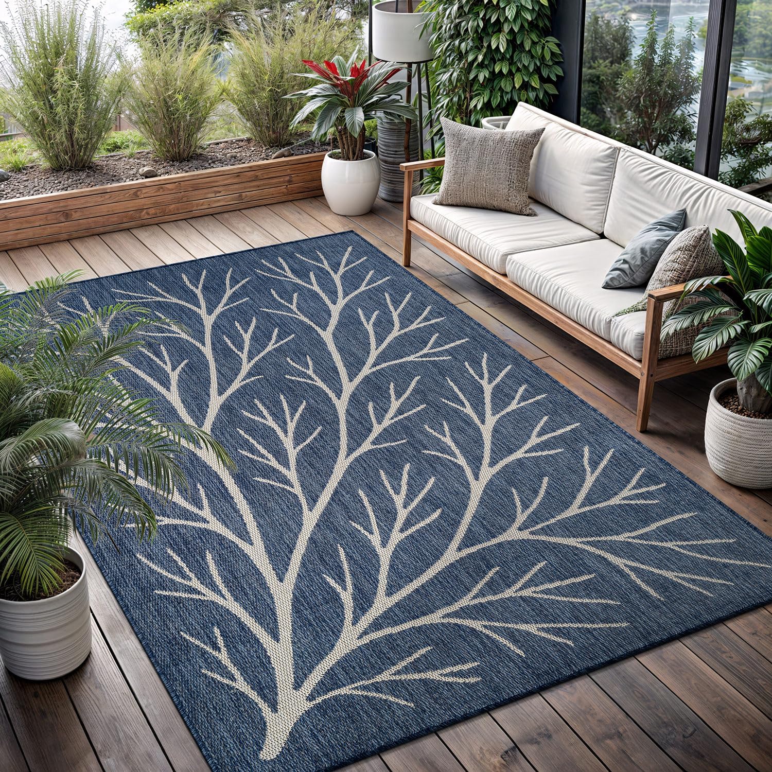 Washable Indoor Outdoor Rug 6x9 Modern Area Rugs Branch Pattern Non Shedding Waterproof Easy Clean Patio Deck Porch Living Room Bedroom Garden RV (6 X 9 Blue)