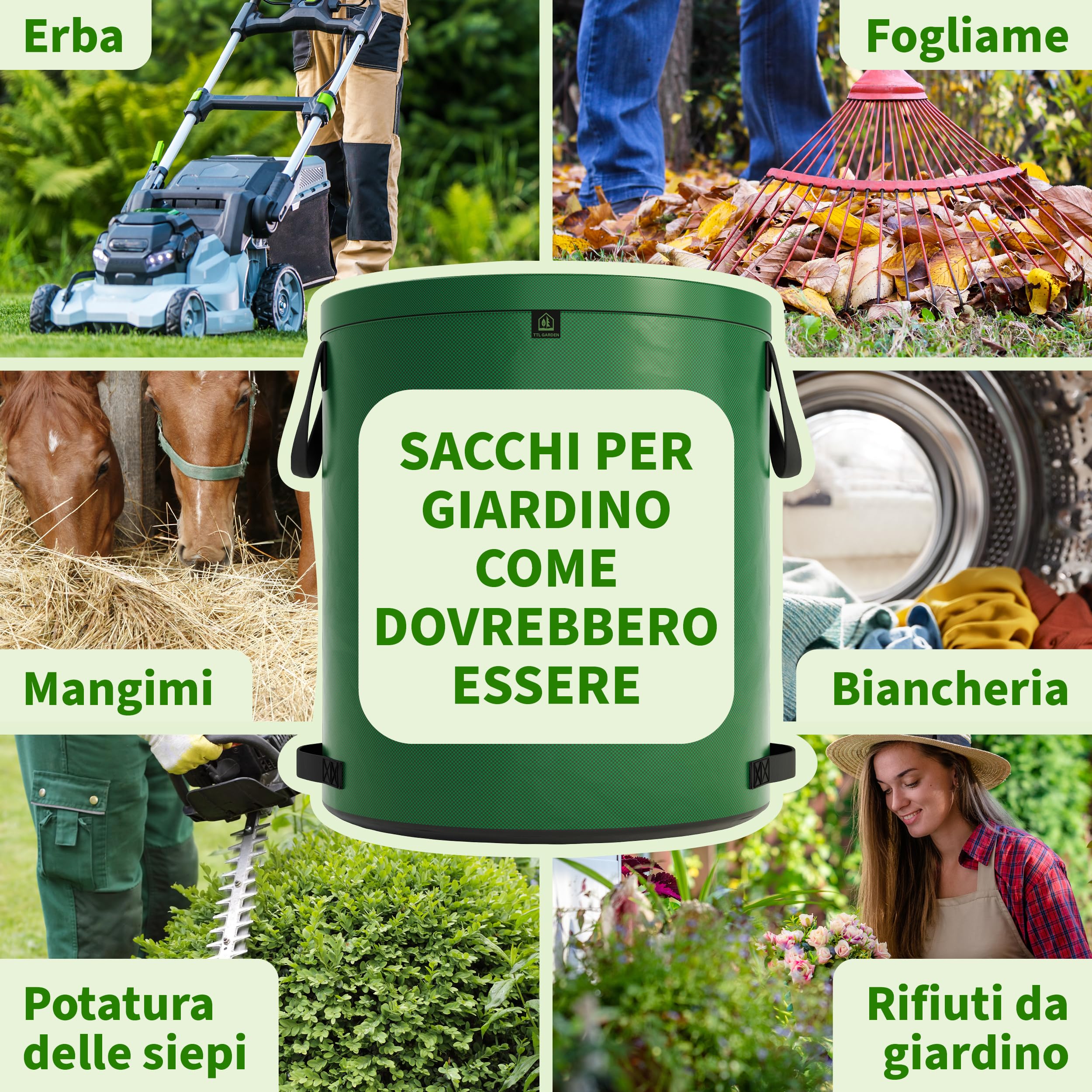 TTL Garden 2 sacchi da giardino Super Solid, 272 l, colore verde, doppio fondo, 2 x 200 g/m², extra stabili e antistrappo, 4 manici, grandi e robusti, set da 2 sacchi per foglie, siepe, rifiuti da
