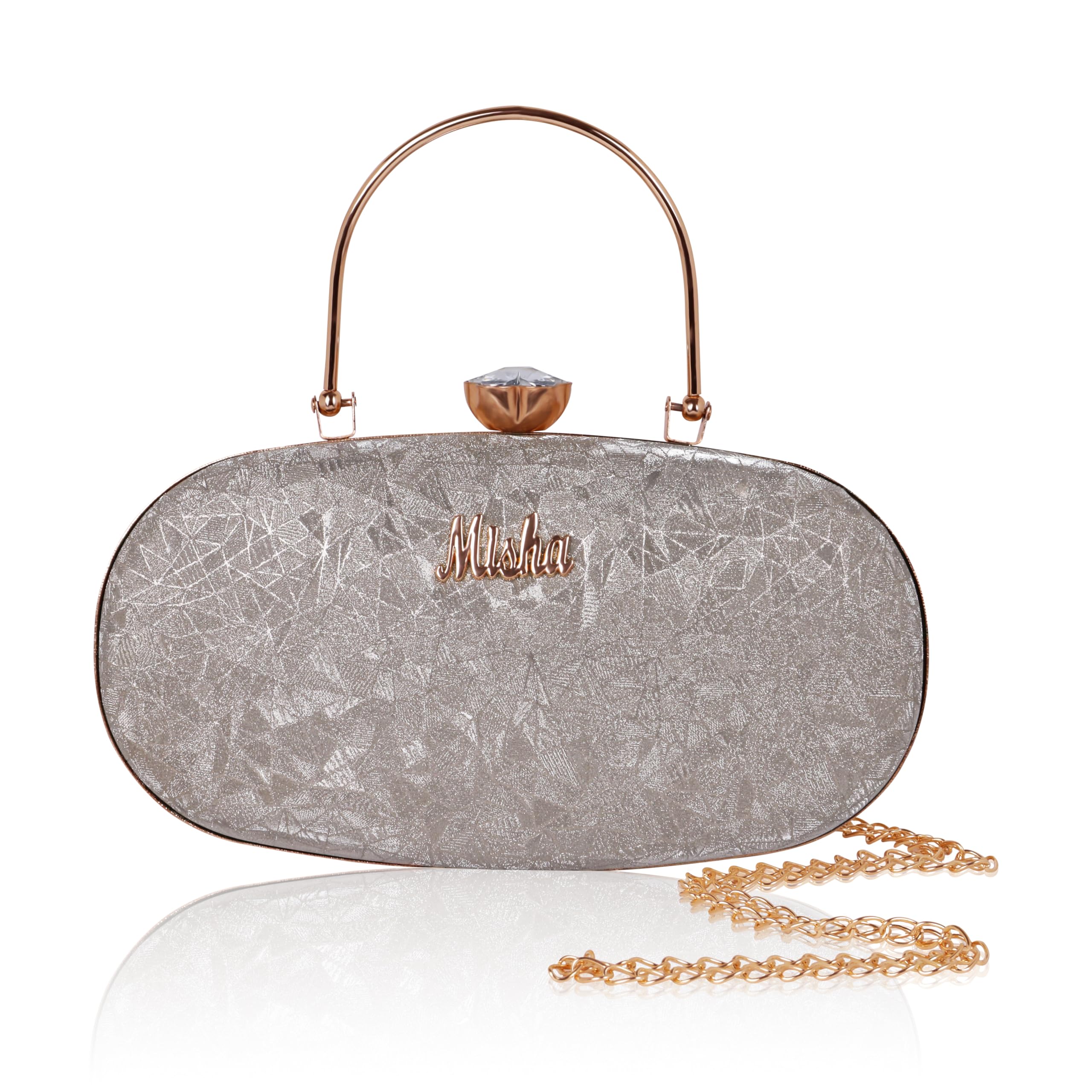 MISHA Noir Glint Oval Clutch, Cracked Ice Metallic (Gold)