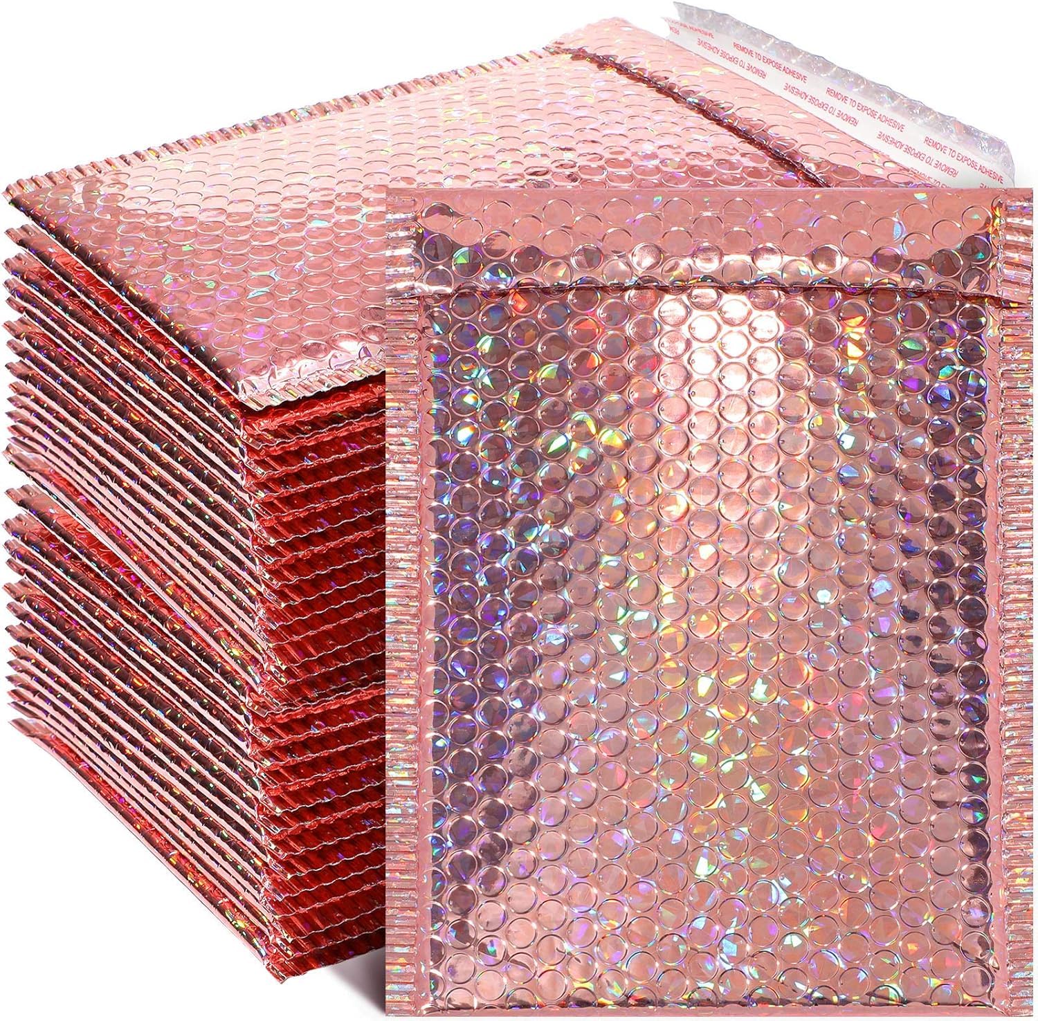 30 Pieces Holographic Bubble Mailers Padded Mailer Holographic Bubble Mailers Padded Envelopes Self Sealing Cushion Envelopes for Mailing, Shipping and Packing(Rose Gold, 11 x 7 Inch)