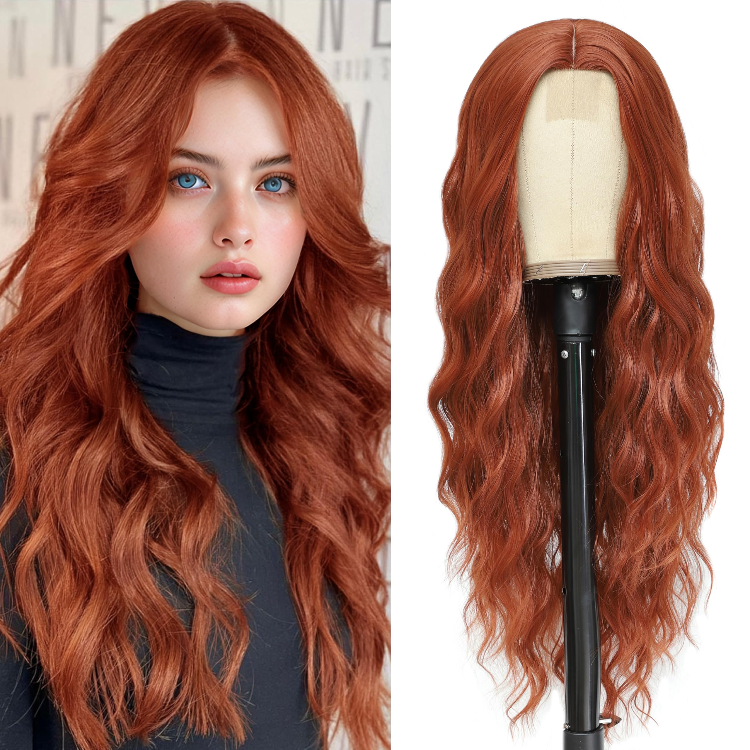 BUPPLER Cosplay Long Auburn Wig 28 Inch Middle Part Synthetic Wig Realistic Gifts Party Wigs for Women Daily Use Colorful Wigs (Auburn)