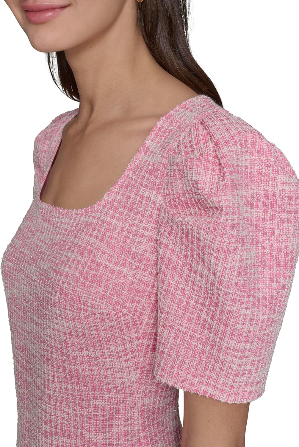 Karl Lagerfeld Womens Puff Sleeve Swaure Neck Flounce Tweed A-line Mini Dress - Image 5