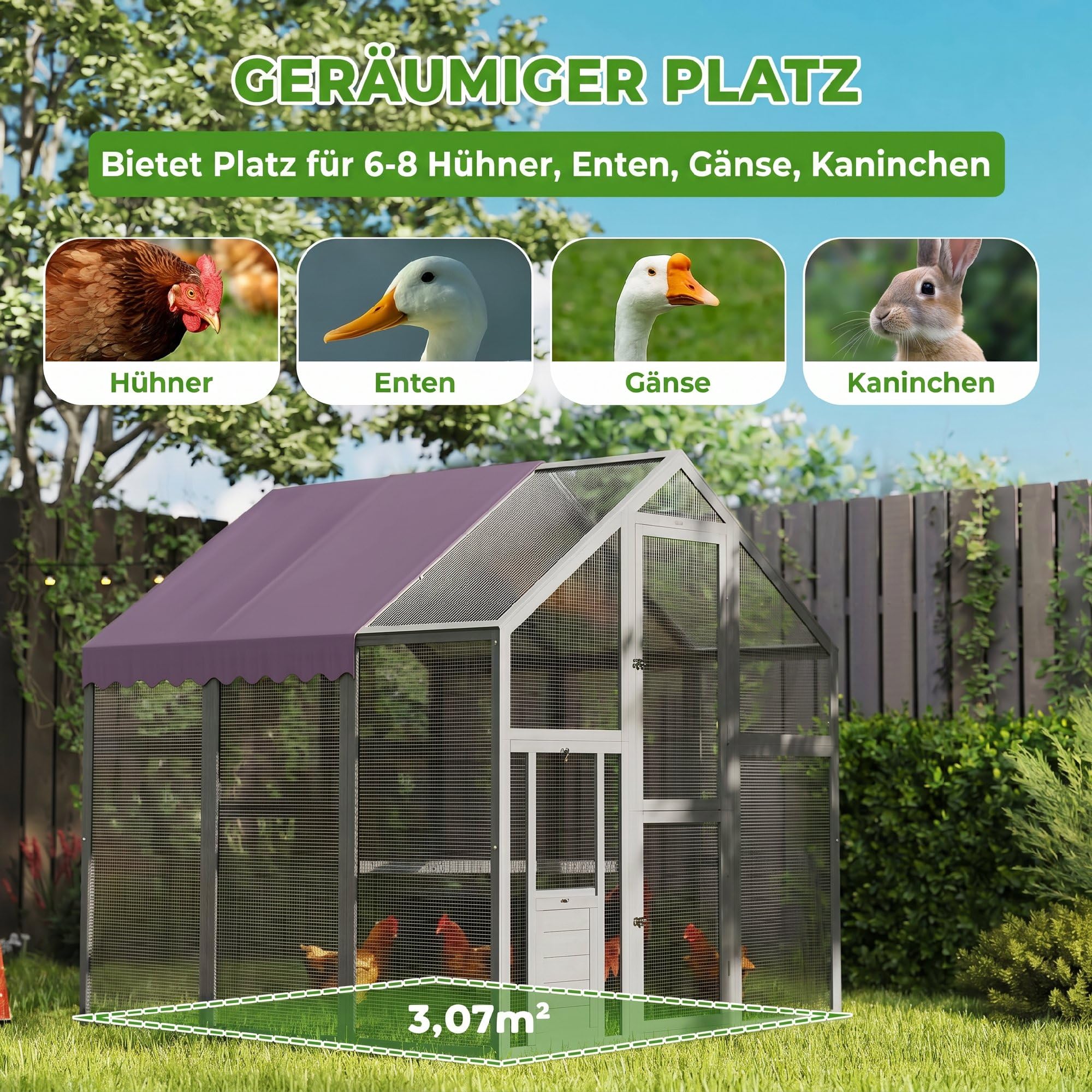 PawHut Hühnerstall 3,07㎡ 1,7 x 1,8 x 1,8 m Freilaufgehege Holz mit wasserdichtem Tuch, Sicherheitsschloss, Doppeltür, 2 Nistkasten, 2 Sitzstange, Hühnergehege für 6-8 Hühner, Enten, Gänse, Kaninchen