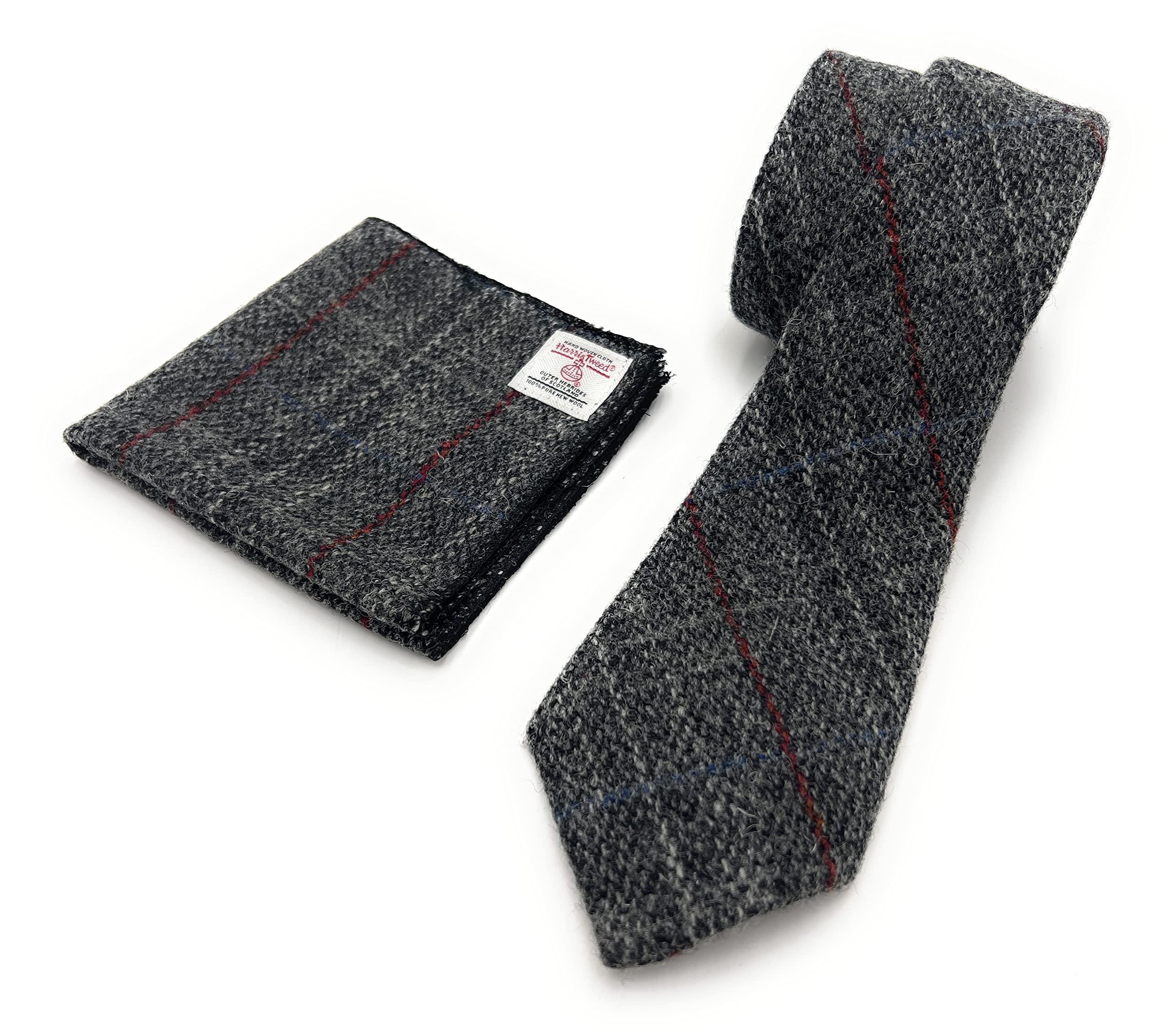 Tartan Tweeds Men's Grey Check Harris Tweed Necktie Handkerchief Pocket Square Set