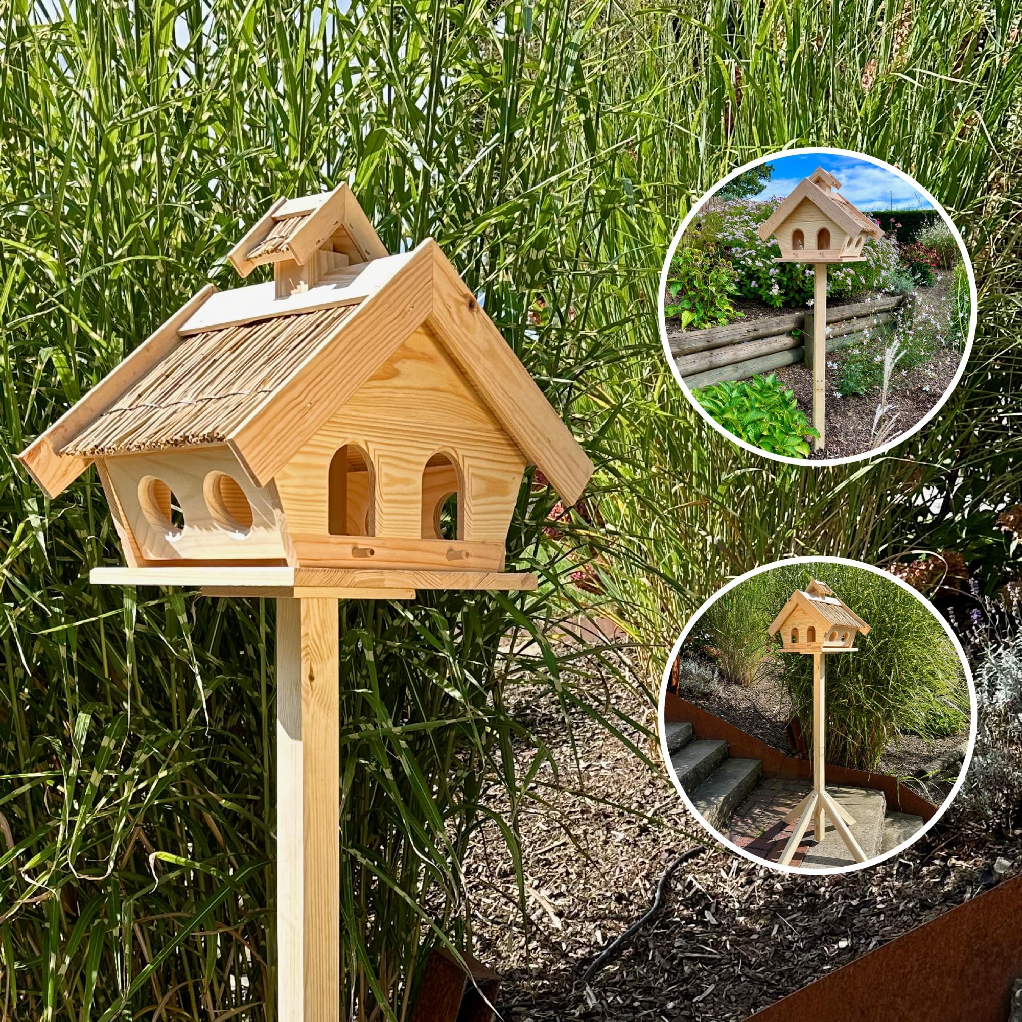 GARTENETAGE Vogelhaus Holz mit Reetdach und 2in1 Ständer/Vogelhaus mit Ständer wetterfest und stabil/Vogelfutterhaus mit Ständer/Robustes Vogelhäuschen für Balkon und Garten
