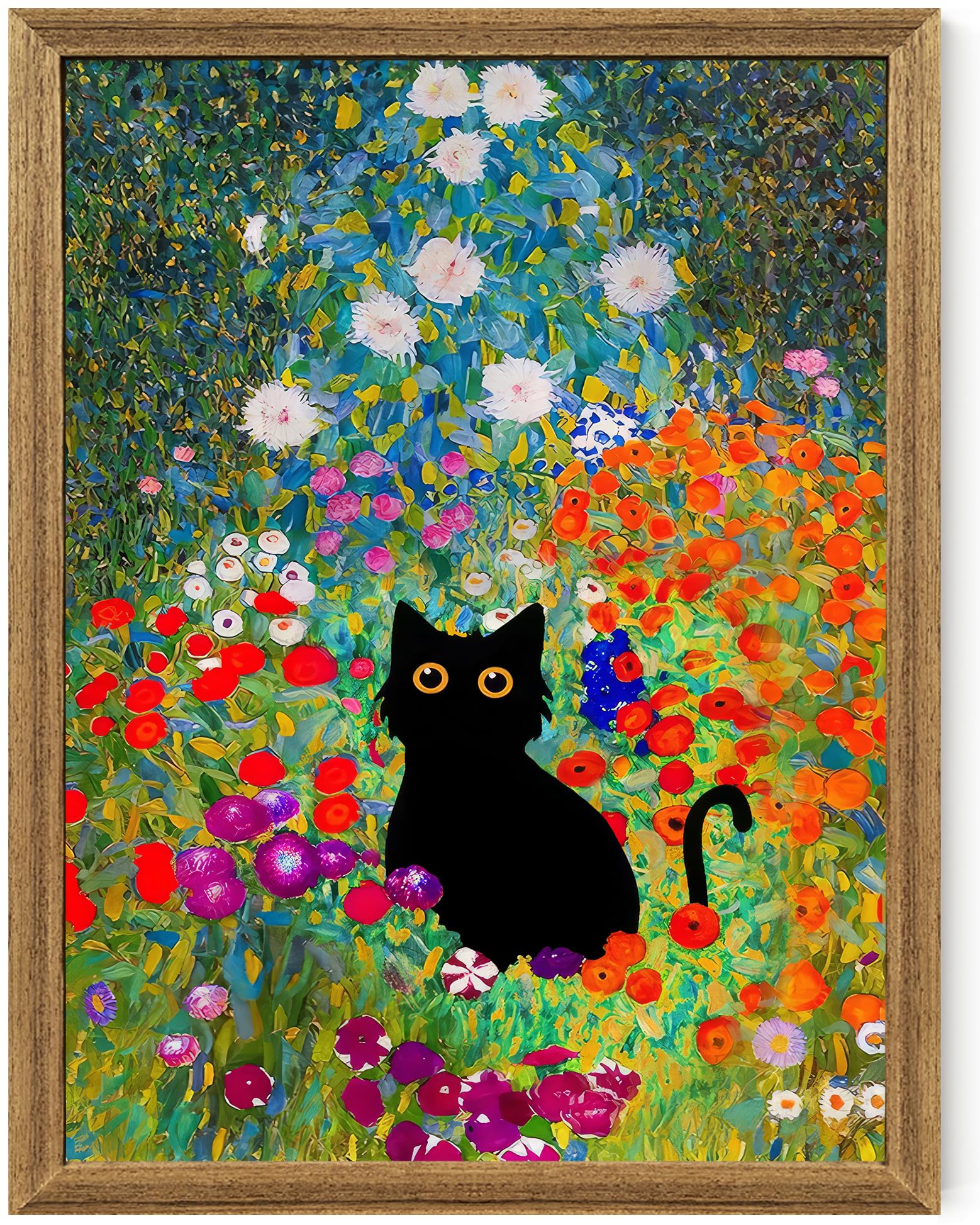 Fantasy Artists Gustav Klimt Canvas Wall Art, Framed Aesthetic Cat Floral Wall Decor, Garden Flower Black Cat Poster Paintings for Living Room Bedroom Bathroon, Dorm Home Decorations, 12" X 16"