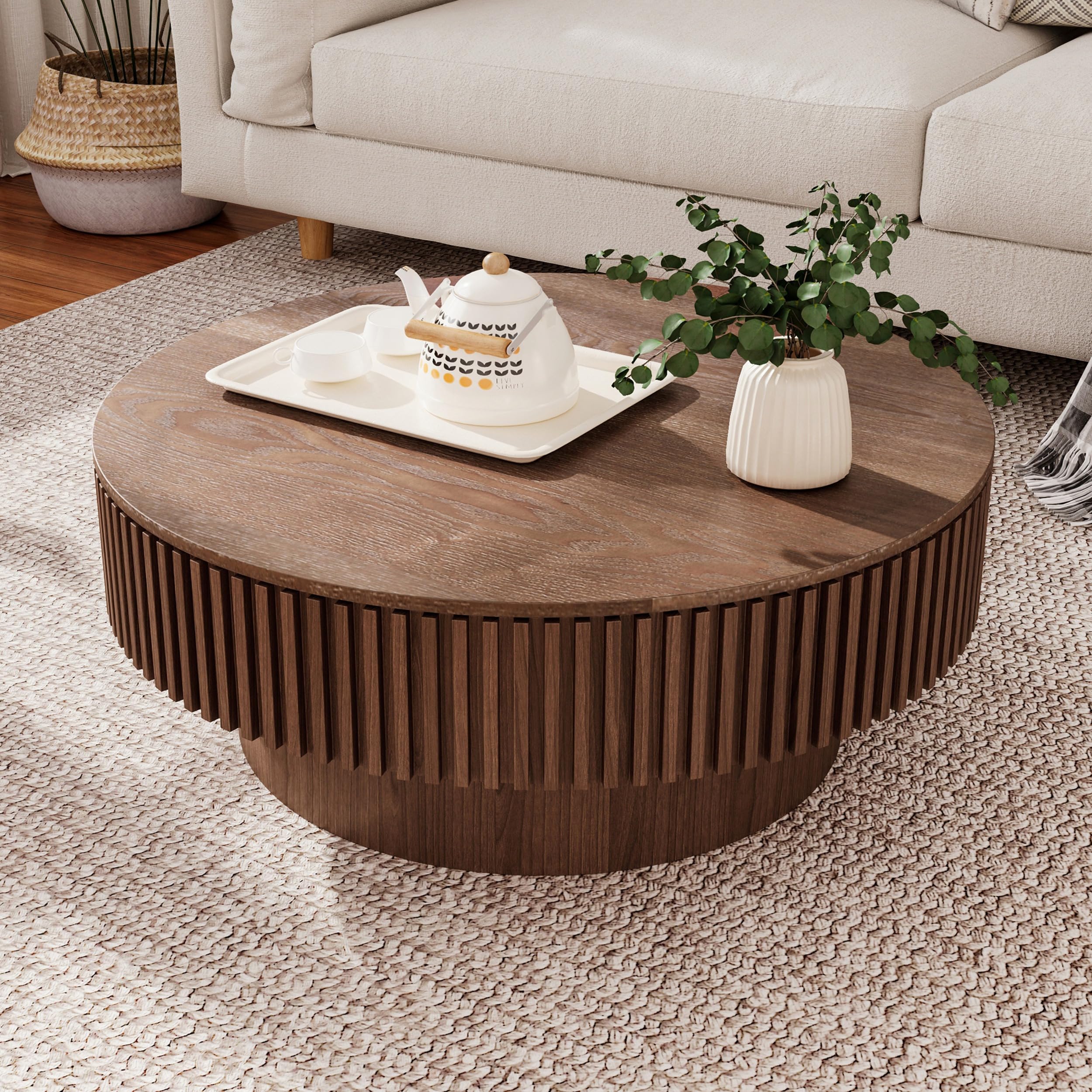 KIGFTSOD 31.5" Round Coffee Table with Hidden Storage, Solid Wood Drum Coffee Table Tea Table for Living Room, Bedroom, Apartment or Office, Walnut