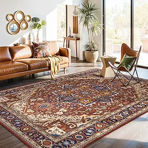Moynesa Ultra-Thin Washable 8x10 Area Rugs for Living Room, Boho Oriental Rugs for Bedroom Non-Slip Non-Shedding, Large Vintage Carpet for Dining Room Home Office Decor, Brown/Multi