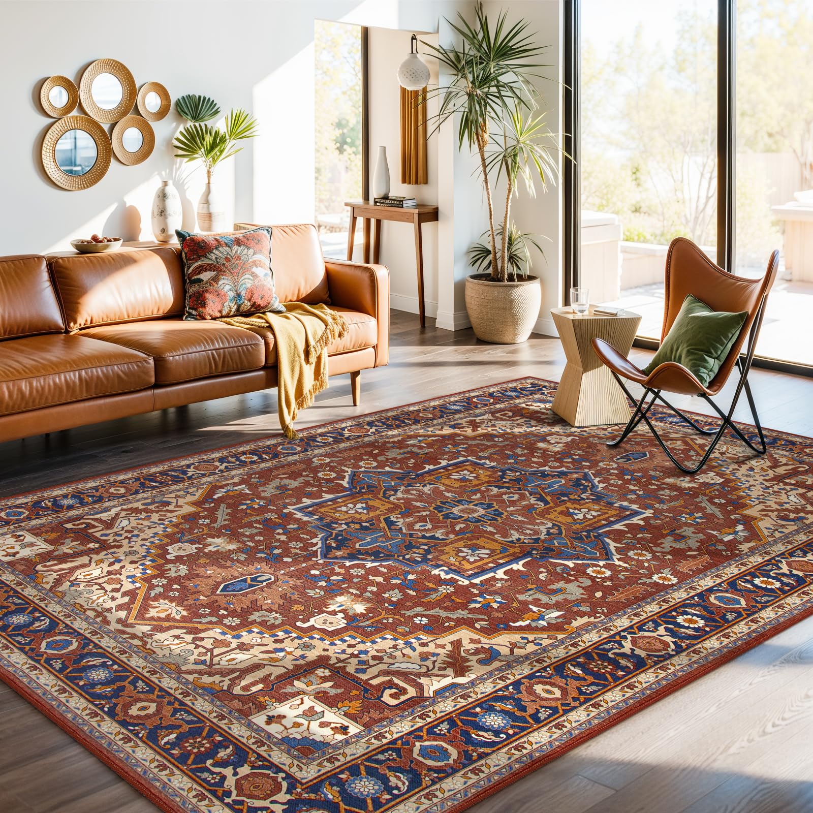 Moynesa Ultra-Thin Washable 8x10 Area Rugs for Living Room, Boho Oriental Rugs for Bedroom Non-Slip Non-Shedding, Large Vintage Carpet for Dining Room Home Office Decor, Brown/Multi