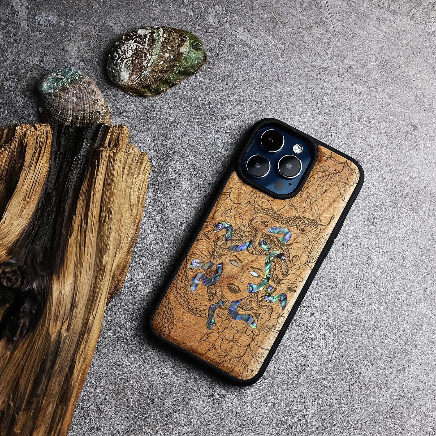 Carveit Wooden Case for iPhone 15 Pro Max Magnetic Case, Compatible with MagSafe Wireless Chargers, Shockproof Cover, Handmade Shell Inlaid & Wood Artisan Engraved (The Medusa Enigma) Cherry