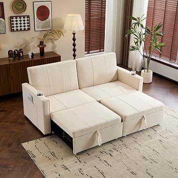 ModernLuxe 207cm King Size Independent Pull Out Sofa Bed, Convertible 2 Seater Sofa Chair with Cup Holders and Side Pockets, Fabric Love Seat Couch Chaise Lounge for Living Room, Apartment, Beige