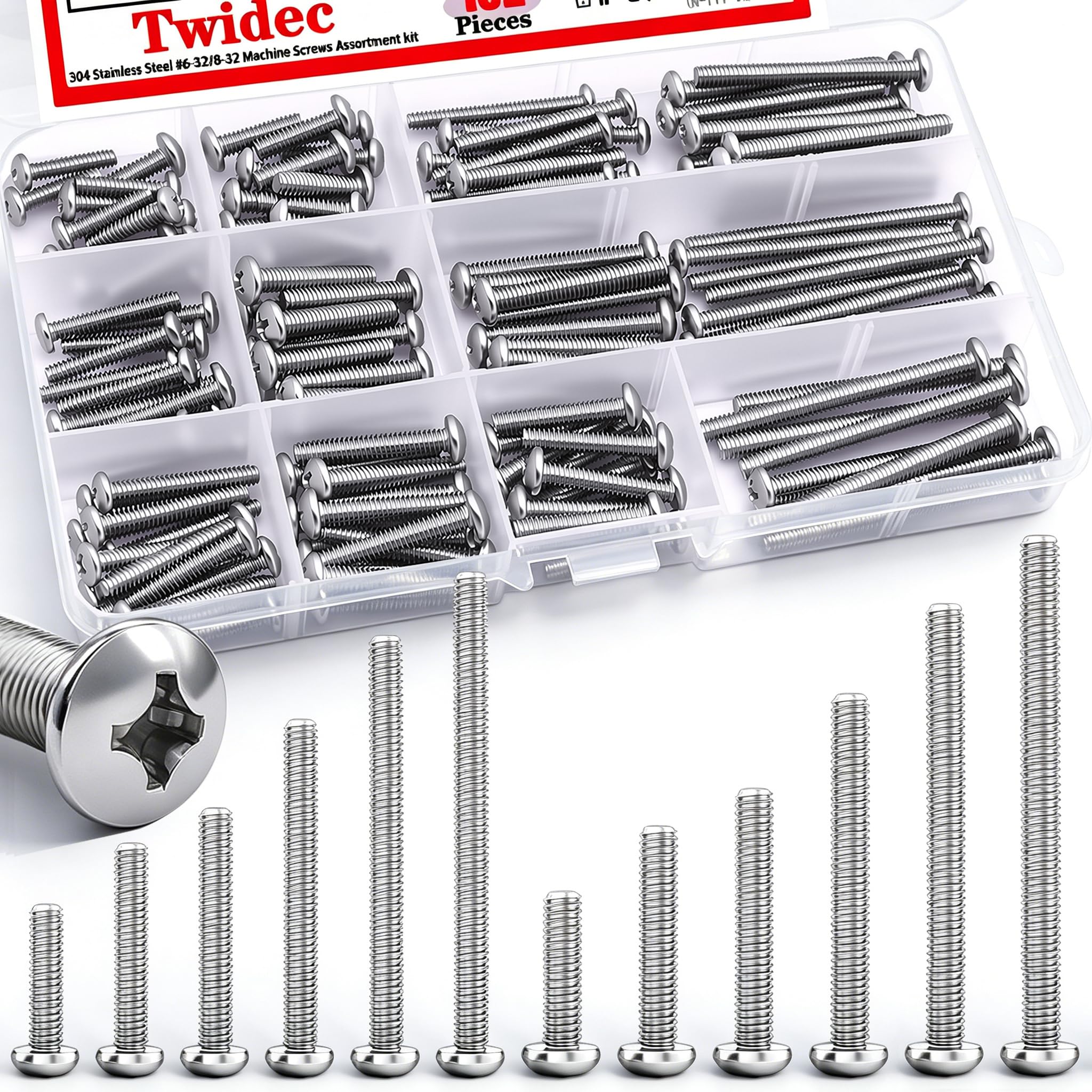 Photo 1 of Twidec/102PCS Machine Screw Kit,304 Stainless Steel #6-32#8-32 Electrical Long Outlet Screws Phillips Pan Head Electricians Screws 5/8 to 2 inch for Wall Plate Switch, Receptacles Mounting Screw