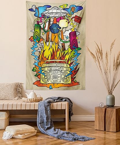 Miniatura 1 de Ambesonne Tapiz de arte moderno, hippie Funk Trippy Objects OVNI caja de música para labios y altavoces, imagen para colgar en la pared para