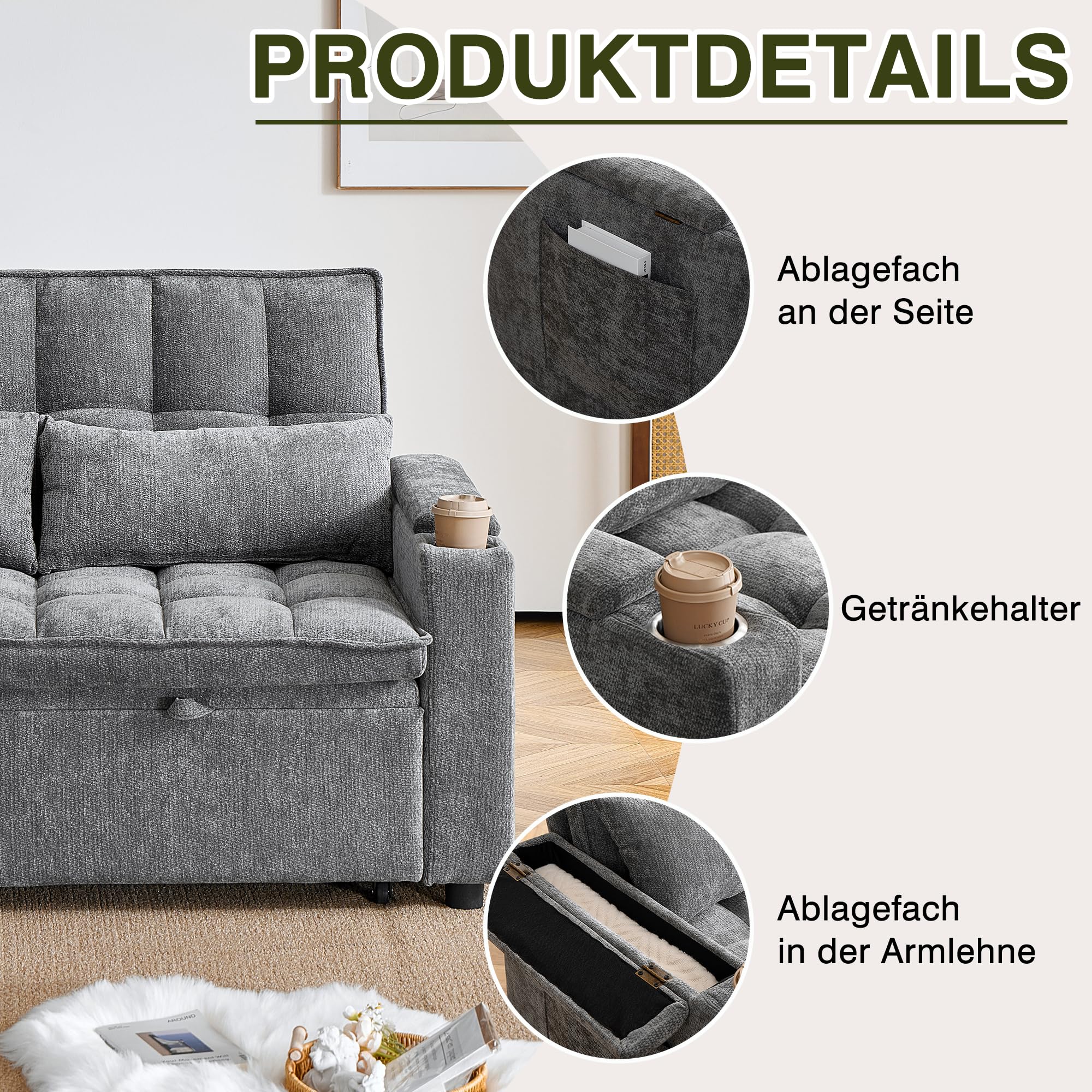 Canape Dangle Convertible, Canapé 2 Places Convertible 142cm, 3-en-1 Canapé Lit avec Fonction Relax, 2 Coussins Lomabires, Rangements Intégrés, Poches Latérales et Porte-Gobelets, Gris