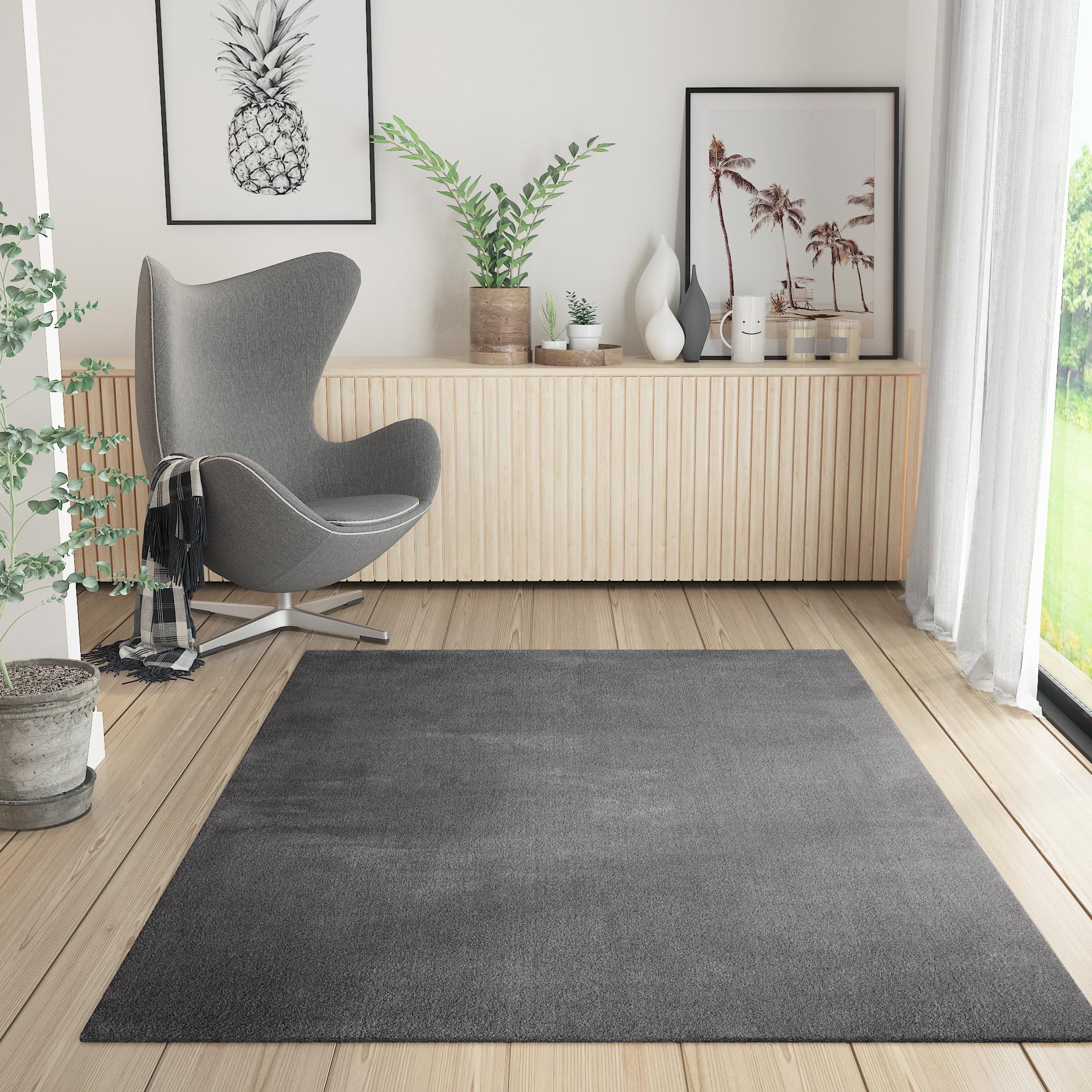 Alfombra de Salón Dormitorio Habitación Comedor Pelo Corto y Suave Grande 150x220 cm Gris Antracita Unicolor Moderna Nordica Lavable Antideslizante