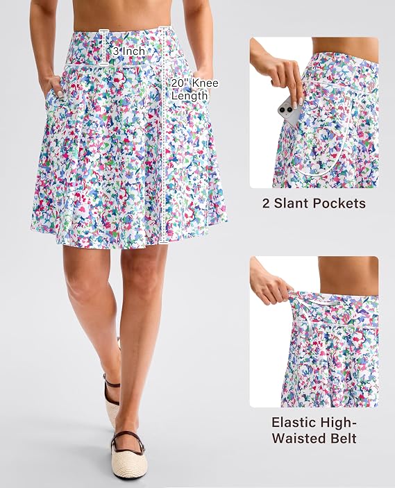 20'' Knee Length Skorts for Woman High Waisted Tennis Golf Skirt | Built-in Shorts, with 3 Pockets, Stretchy, Lightweight, Athletic, Pickleball, Casual, Travel