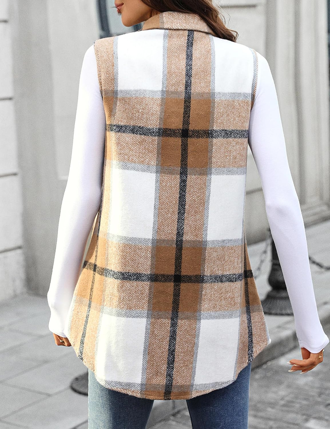 Mansy Womens Fall Flannel Plaid Outerwear Vest Casual Lapels Button Down Shirt Fashion Sleeveless Jacket Cardigan Coat - Image 4