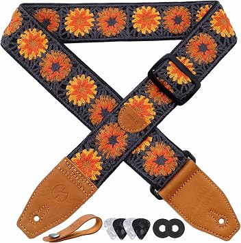 YIKOKO Guitar Strap 2 inch Floral Cotton Guitar Straps with Full Grain Leather End, for Bass, Electric and Acoustic Guitars, Free Strap Button, Strap Locks and Guitar Picks