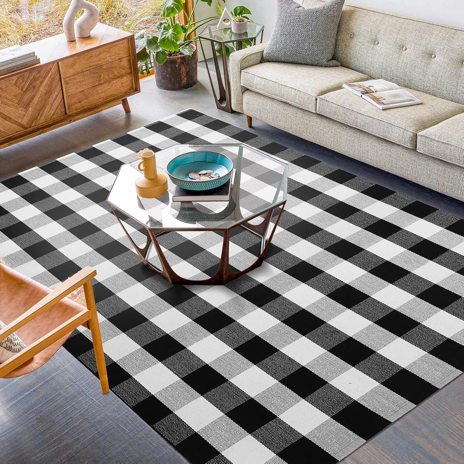 KILOCOCO Rug for Living Room Buffalo Plaid Checkered Rug 5x7 Area Rugs Black and White Low Pile Cotton Washable Rugs for Porch Entryway Patio Dining Room Farmhouse Carpet