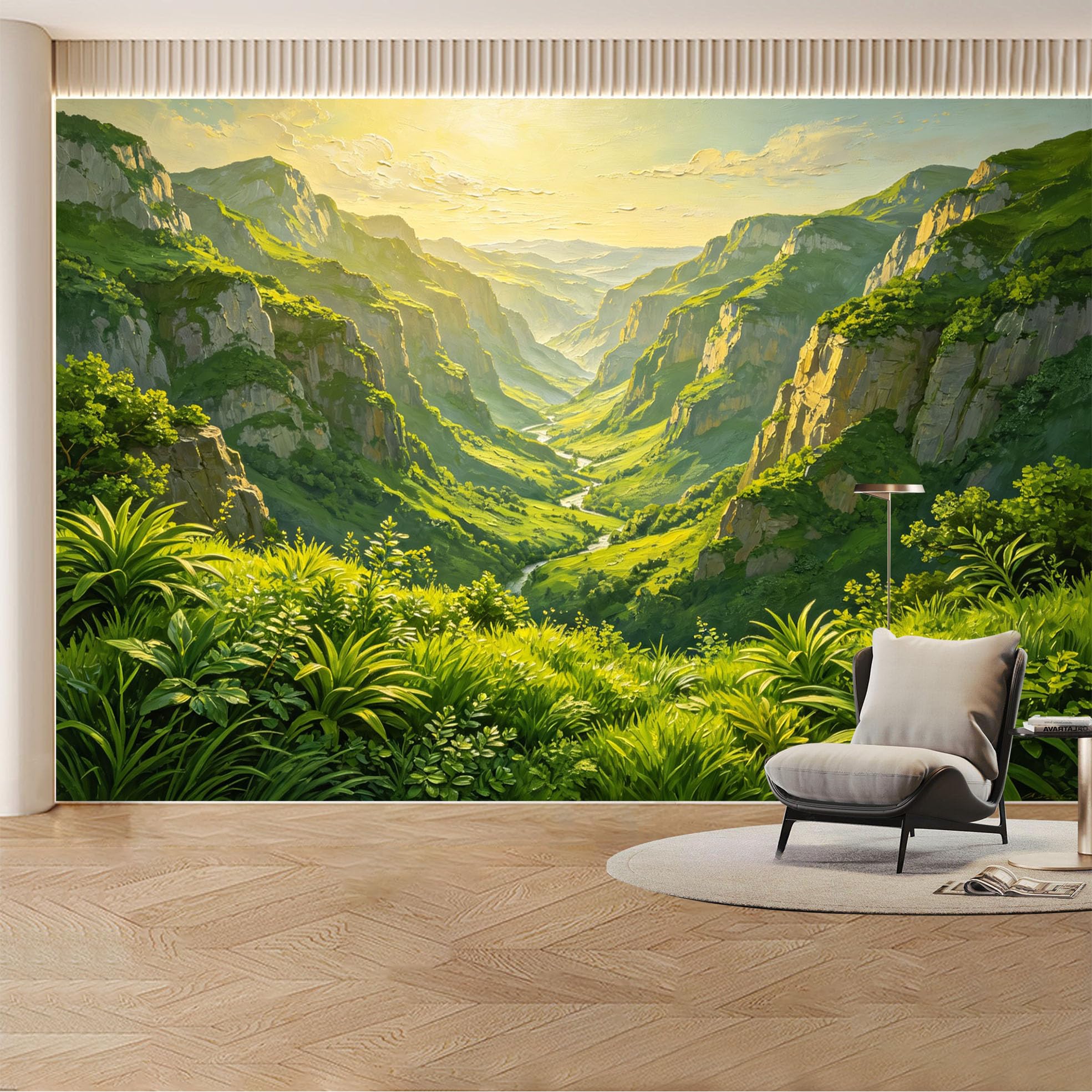 Custom Wall Mural Wallpaper Mountain Valley Landscape， Nature， 3D Effect， Large Wall Art， Sunset， Misty Removable SelfAdhesive Large Photo for Living Room， Bedroom， Office
