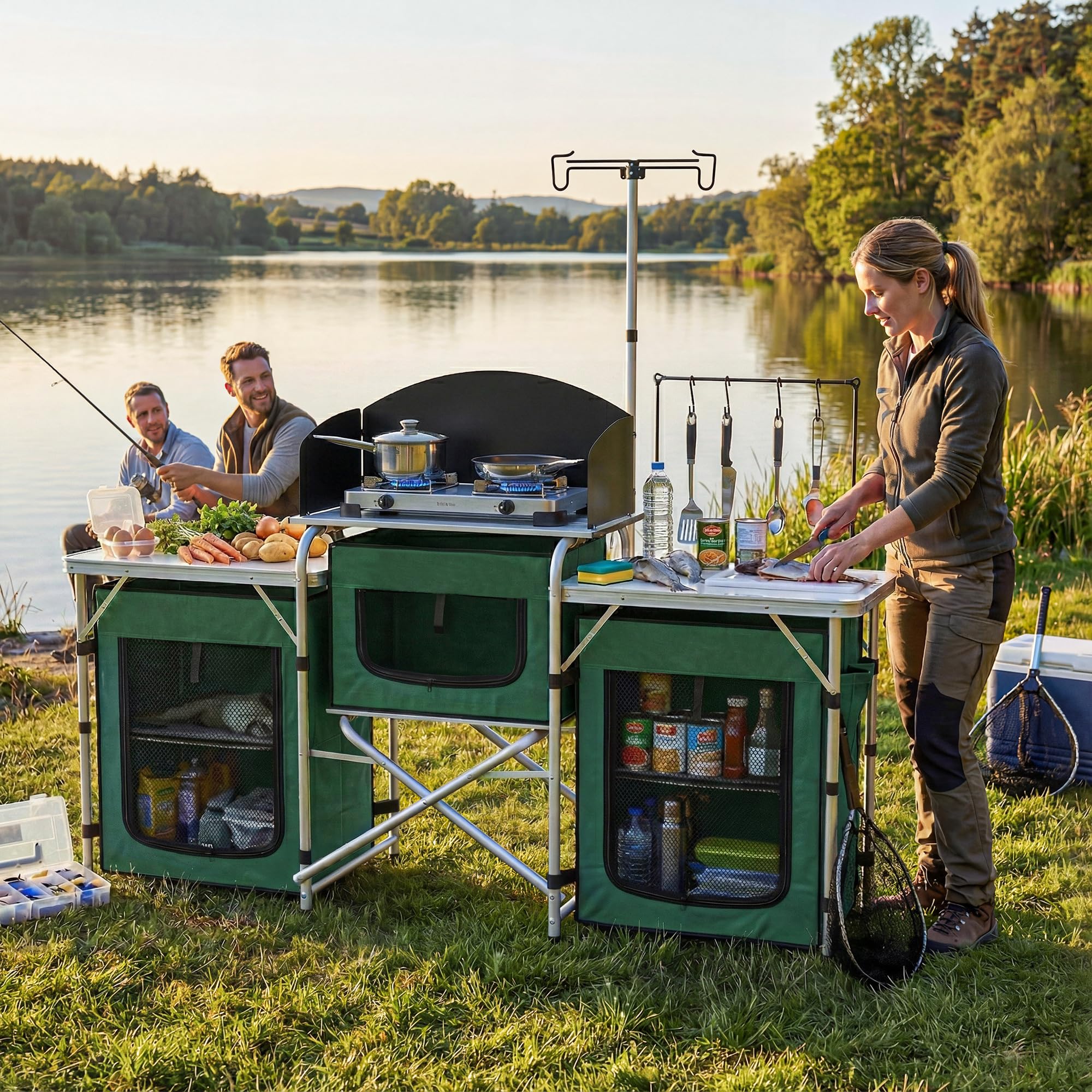Outsunny Mueble Cocina Camping Armario Camping Plegable con Mesas Armarios Ganchos Estructura de Aluminio Poste de Luz Ajustable Paravientos y Bolsa de Transporte para Acampada 172x48x130 cm Verde