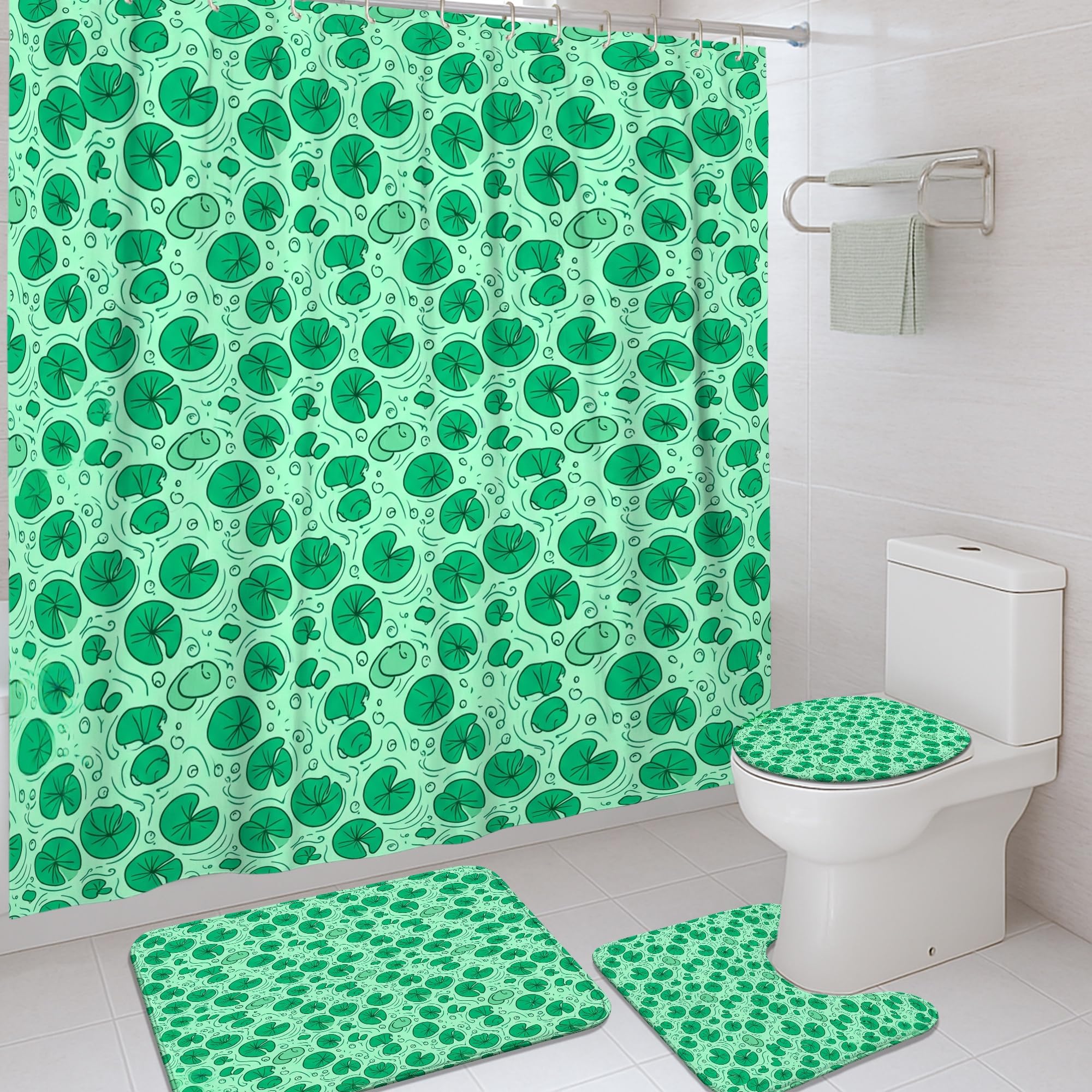 Rideau de douche feuilles d'étang et tapis assorti pour une ambiance nature en appartement