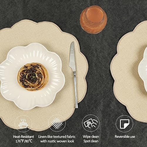 Miniatura 3 de AHHFSMEI Juego de 4 manteles individuales redondos de lino sintético, impermeables, resistentes al calor, antideslizantes y a prueba de manchas,