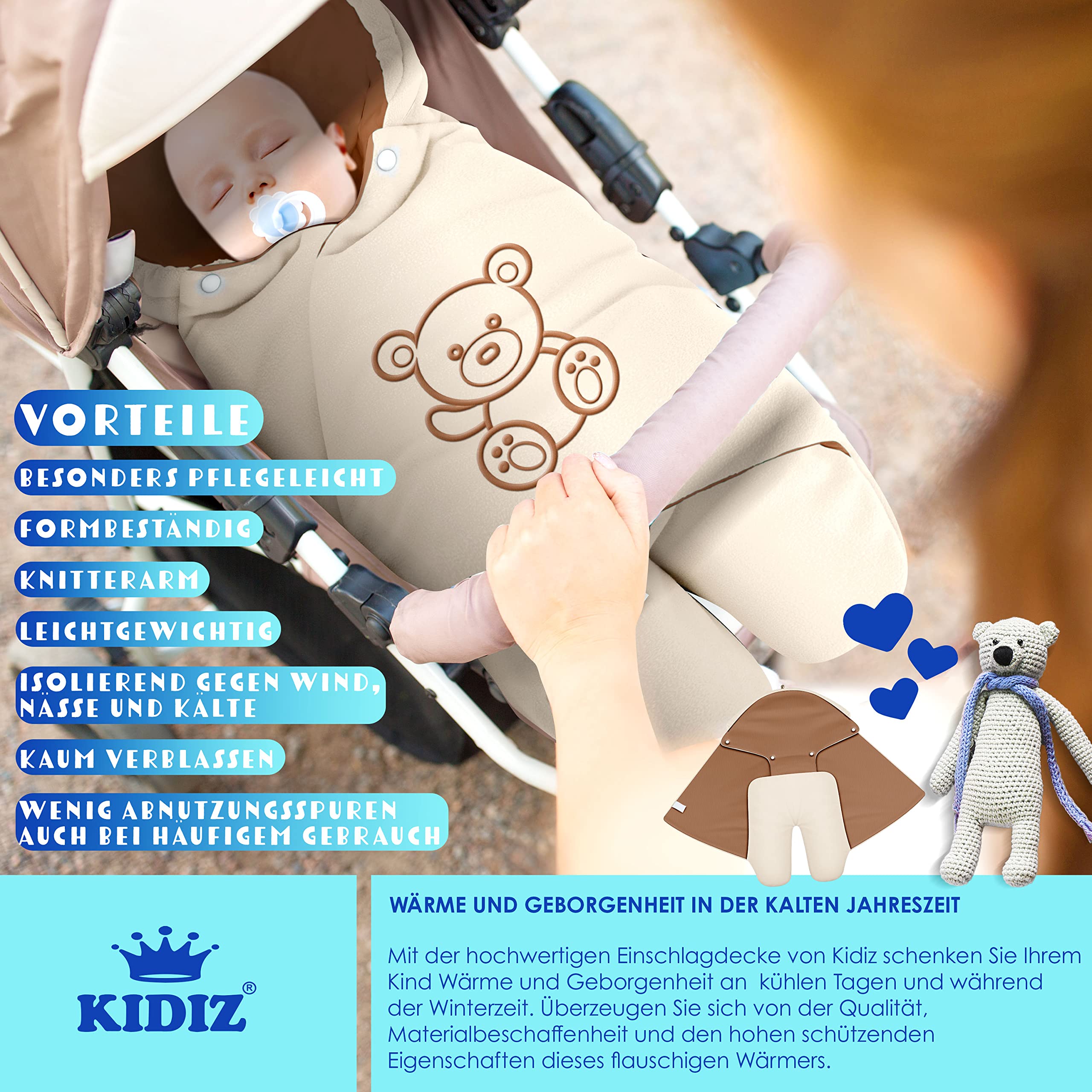 KIDIZ® Couverture Hiver avec Capuche + Poche Universelle pour Bébé - Compatible Coque, Siège Auto, Römer, Buggy, Lit, Poussette & Systèmes de Ceinture 3 & 5 Points