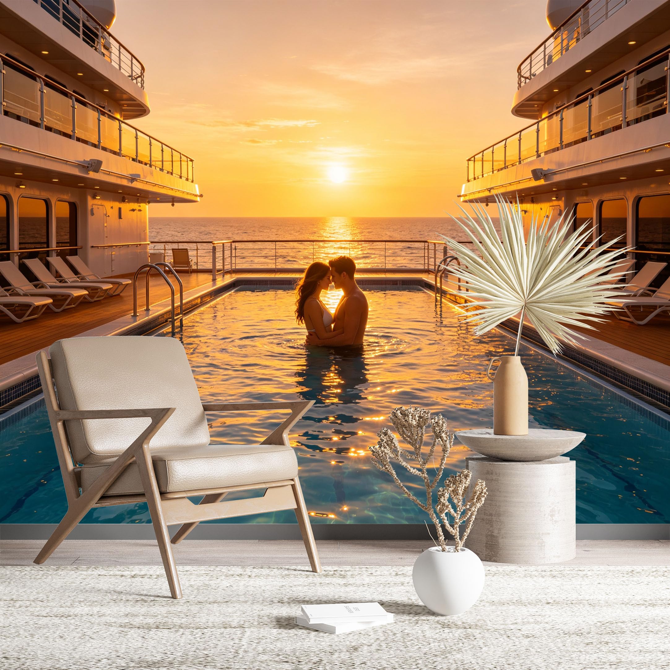 Custom Size Wall Murals Cruise Ship Sunset Pool View Wall Murals Travel Wallpaper Large Photo Wallpaper Self-Adhesive Removable Wallpaper for Living Room Bedroom
