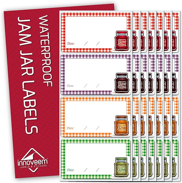 Innoveem Jam Jar Labels - 64 Easy Peel Off Jam Labels Self Adhesive That Leave No Sticky Residue After Use - Perfectly Sized Jam Jar Stickers (8.75 x 5cm) Easy Write Waterproof Jam Labels for Jars