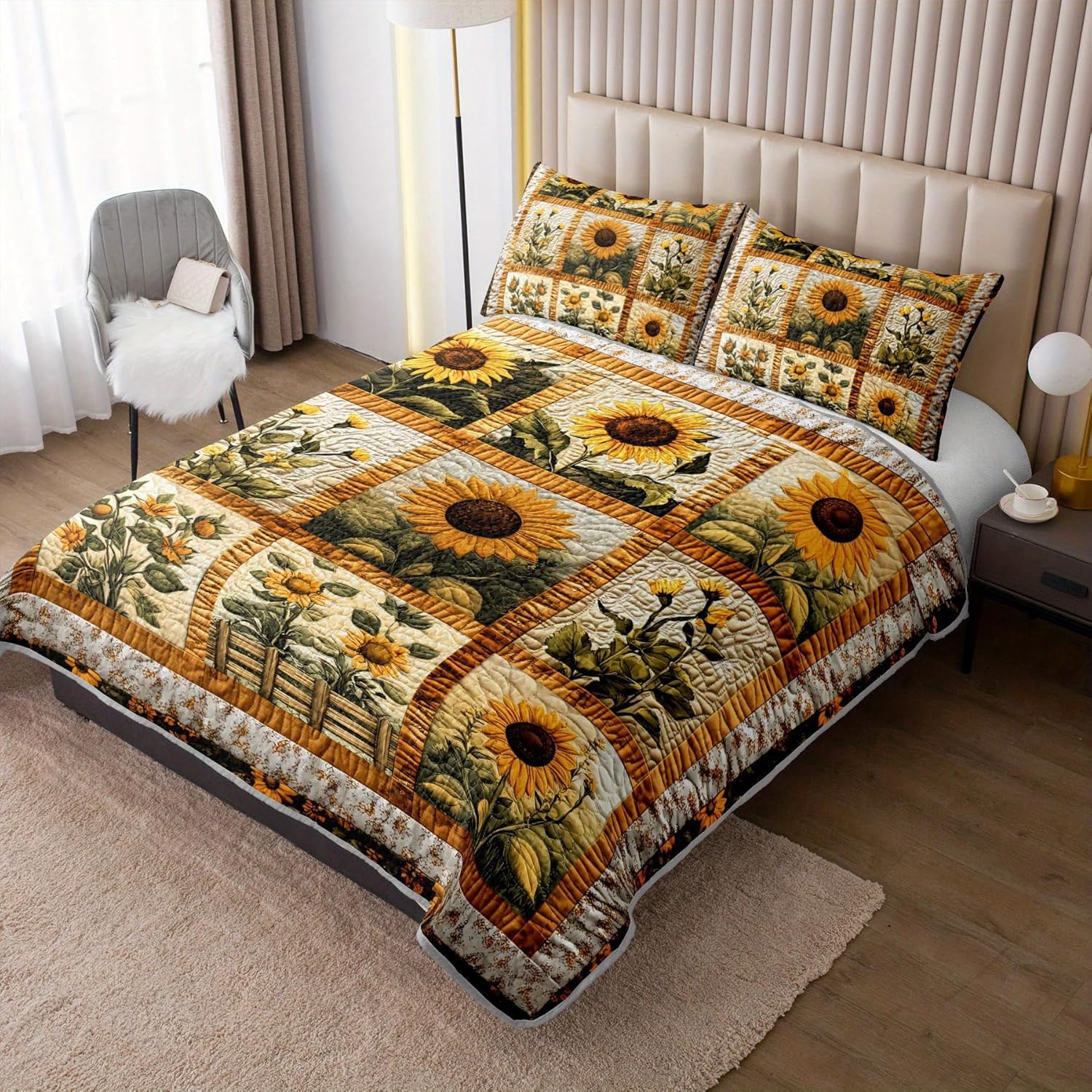 Sunflower Patchwork Quilt Bedding Set Queen Size for Girls and Kids,Sunflower Field Bedspread Sets Rustic Farmhouse Bedroom Decor,Yellow Flowers Bed Cover Queen for Boys Girls Room Decor - Image 2