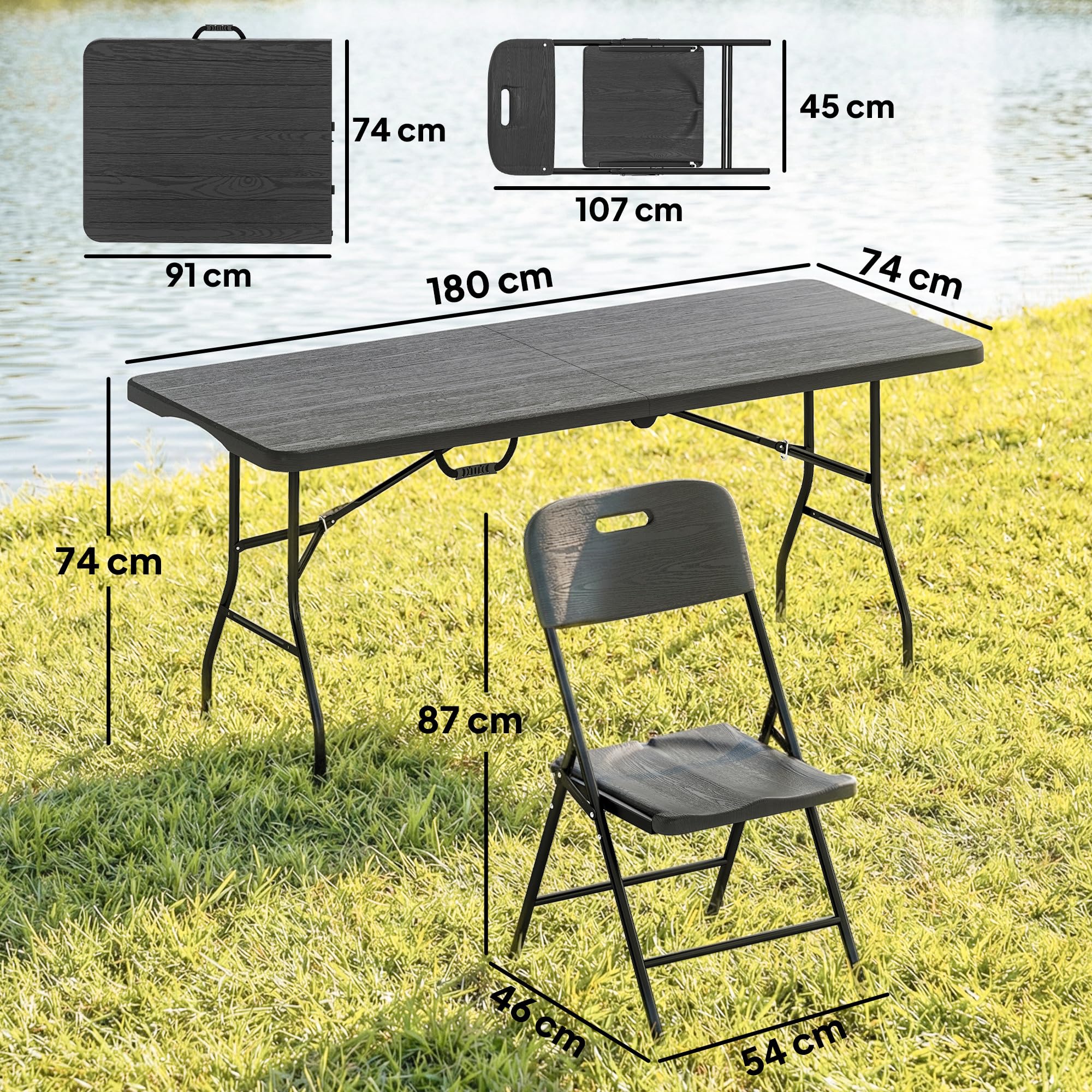 Outsunny Set Tavolo da Campeggio Pieghevole con 4 Sedie, HDPE Metall, Portatile per Picnic Esterno Giardino Nero