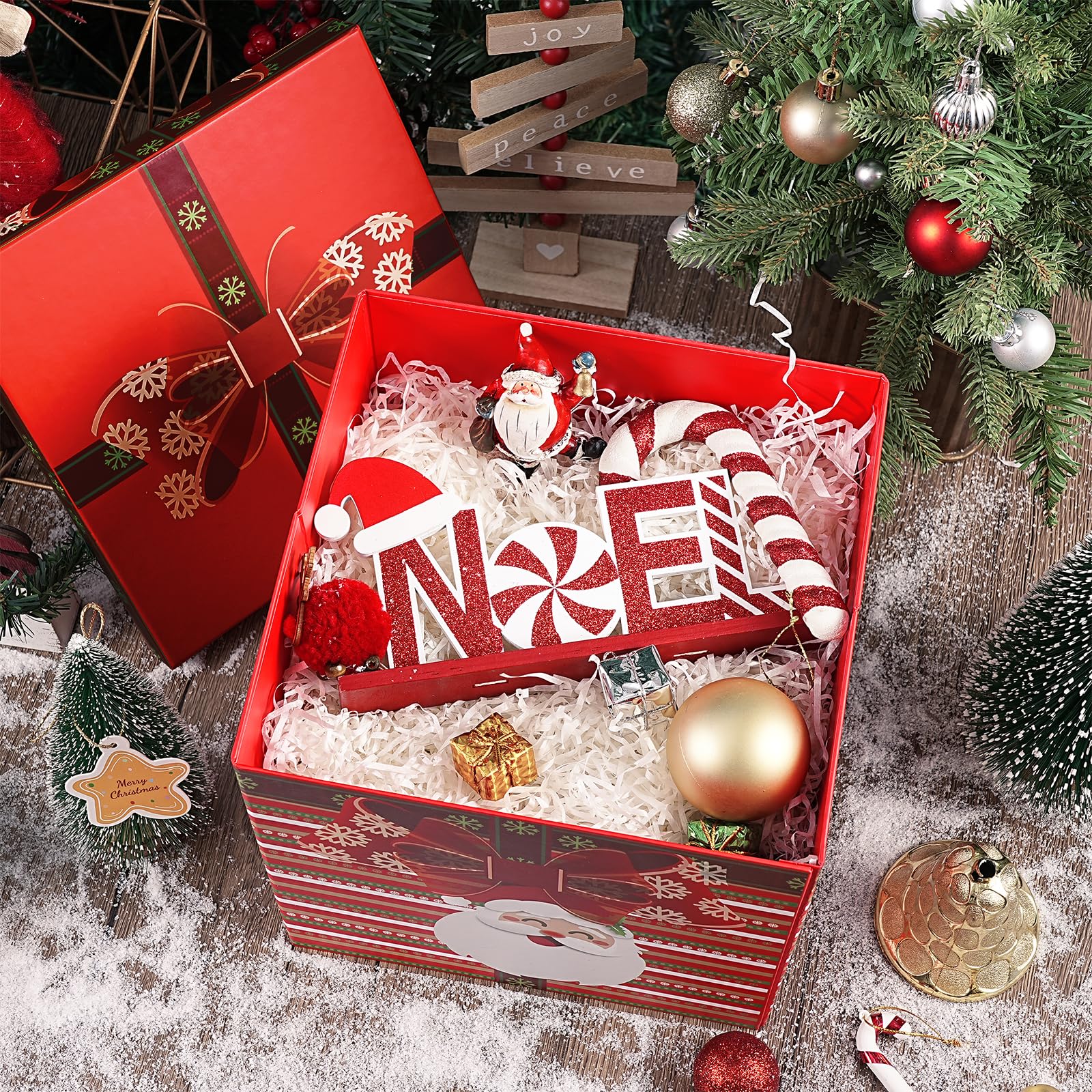RUSPEPA Christmas Box with Lid, Santa Claus & Red Bow Design, Medium Collapsible Gift Box with Ribbon and Tissue Paper for Holiday Party, Gift Wrapping, Candy Storage, 23x23x23cm, 1 Pcs - Image 4