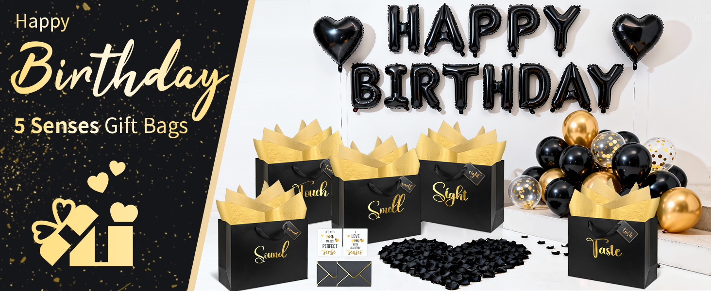 5 Senses Gift Bags for Him Her with Labels Birthday Decorations, Gold Foil Five Senses Gift Bags with Handle Tissue Paper Balloon Envelopes Cards Rose Petals Party Decor 13" x 10" x 5" Inches (Black)