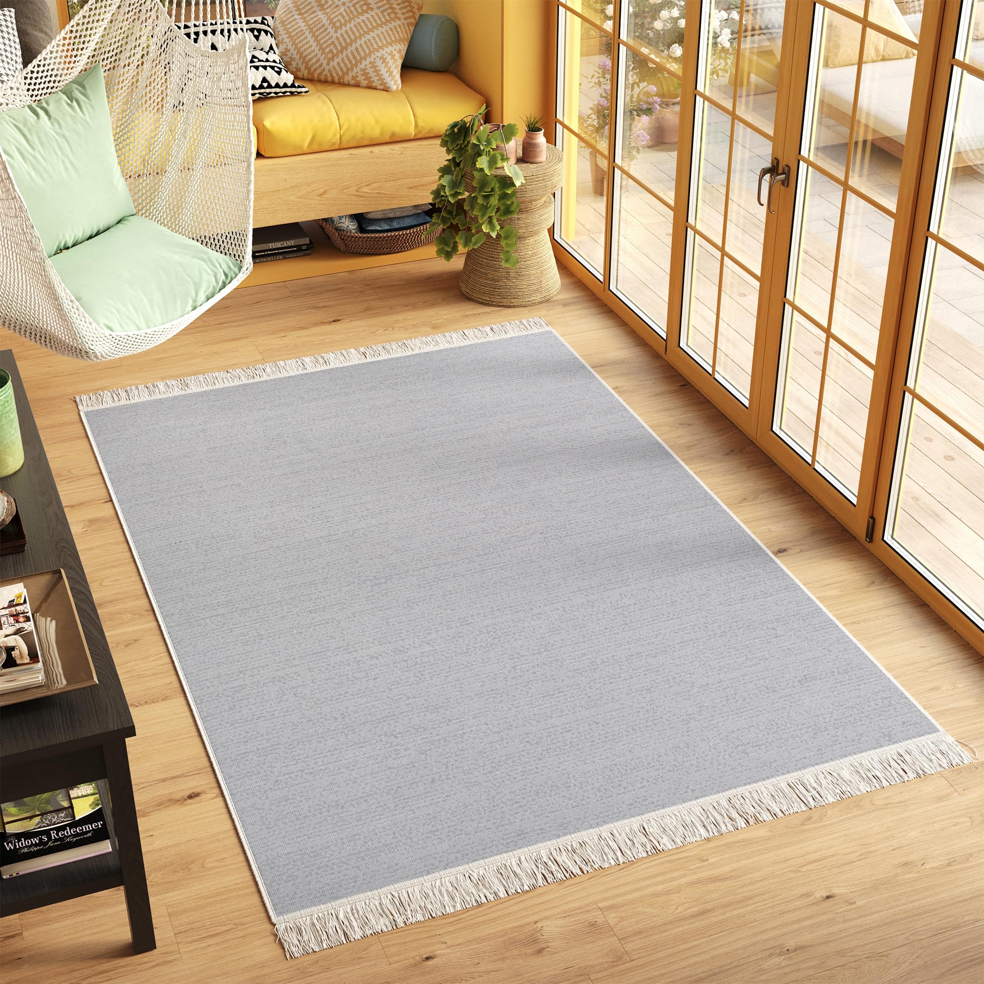 TAPISO Azteca Teppich Kurzflor Baumwolle Beidseitig Anwendbar Creme Grau mit Fransen Waschbar Wohnzimmer Schlafzimmer Waschmaschinenfest Küche ÖKOTEX 140 x 200 cm