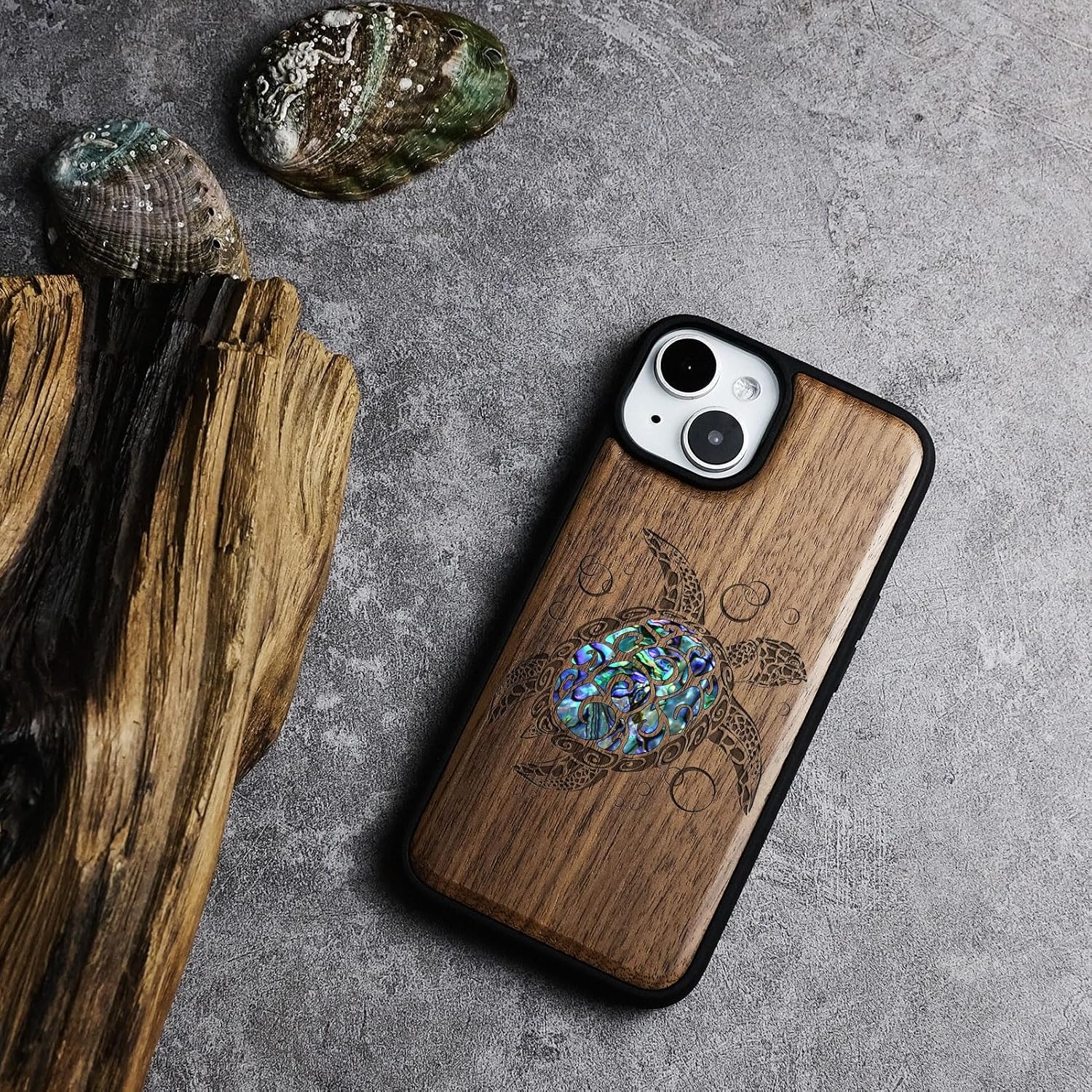 Carveit Wooden Case for iPhone 15 Magnetic Case, Compatible with MagSafe Wireless Chargers, Shockproof Cover, Handmade Shell Inlaid & Wood Artisan Engraved (Sea Turtle) Walnut