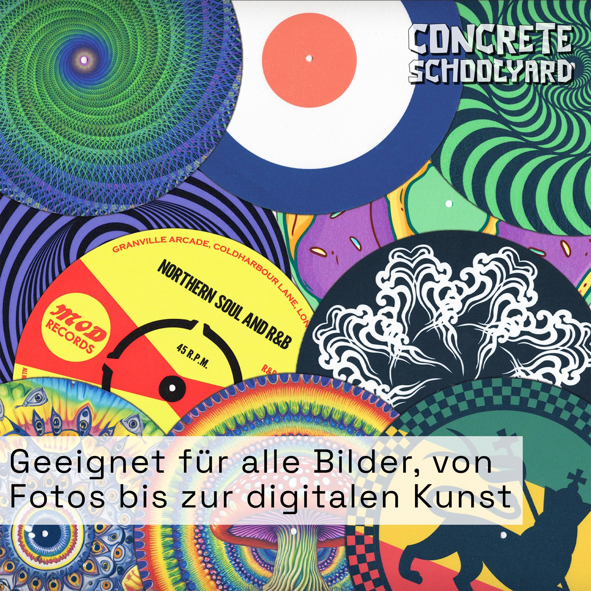 Custom bedruckte Filz-Slipmat für Plattenspieler | Personalisiert mit Bild, Design oder Logo | Hochwertiger Druck auf weichem Premium-Filz | Vinyl Zubehör für DJs & Sammler – Handgefertigt in Berlin
