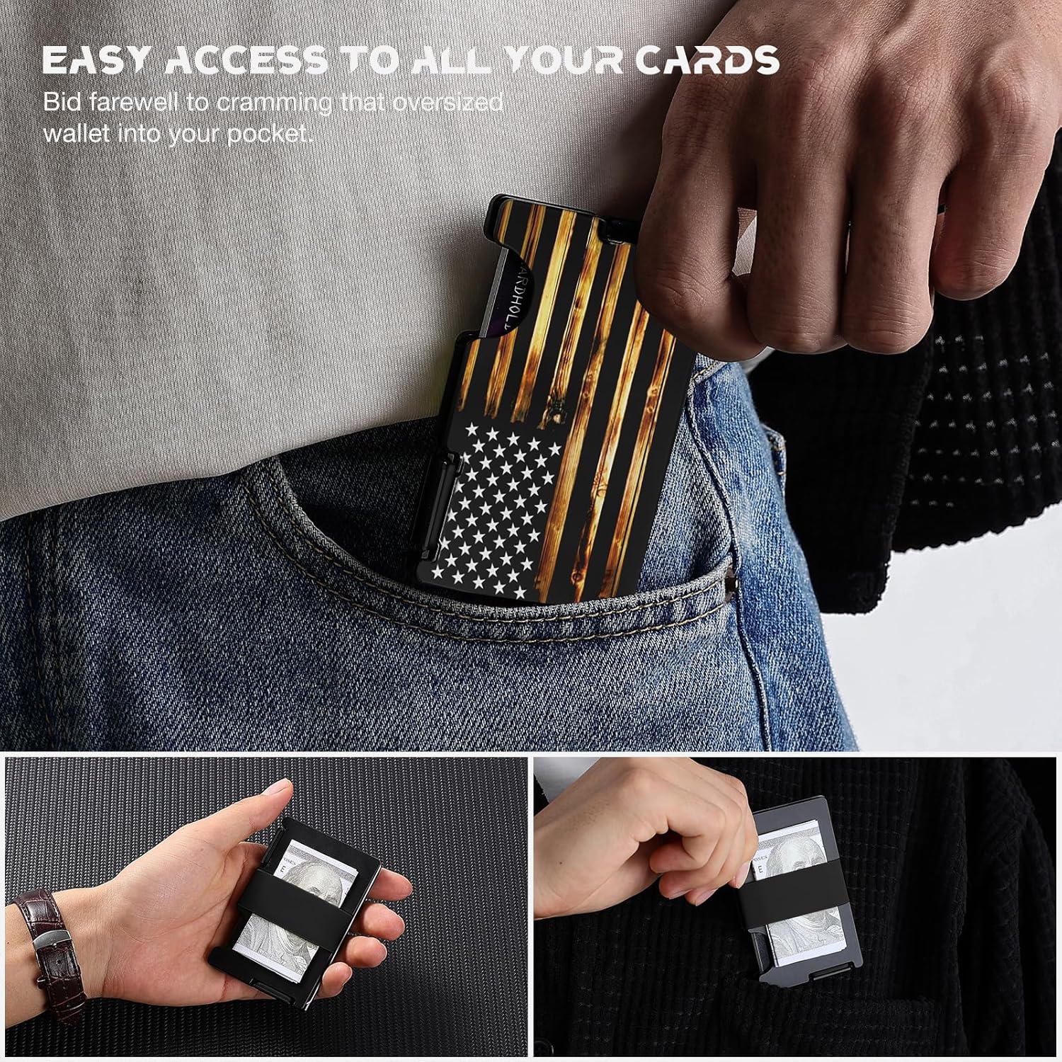 Minimalist Metal Wallet for Men, Ultra-Thin Aluminum Card Holder with Cash Strap, Personalized Wood American Flag, Slim Front Pocket RFID Blocking Wallet - Image 6