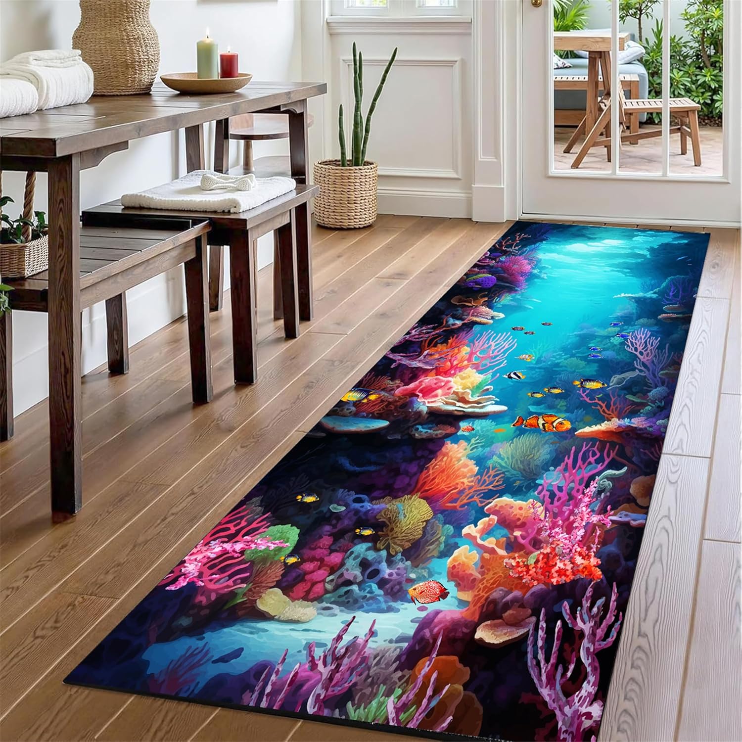 Coastal Ocean Runner Rug，2x3ft 3D Coral Reef Fish Printed Non-Slip Carpet ，Kids Play Mat for Hallway, Nursery, Living Room，Machine Washable Marine Theme Floor Decor