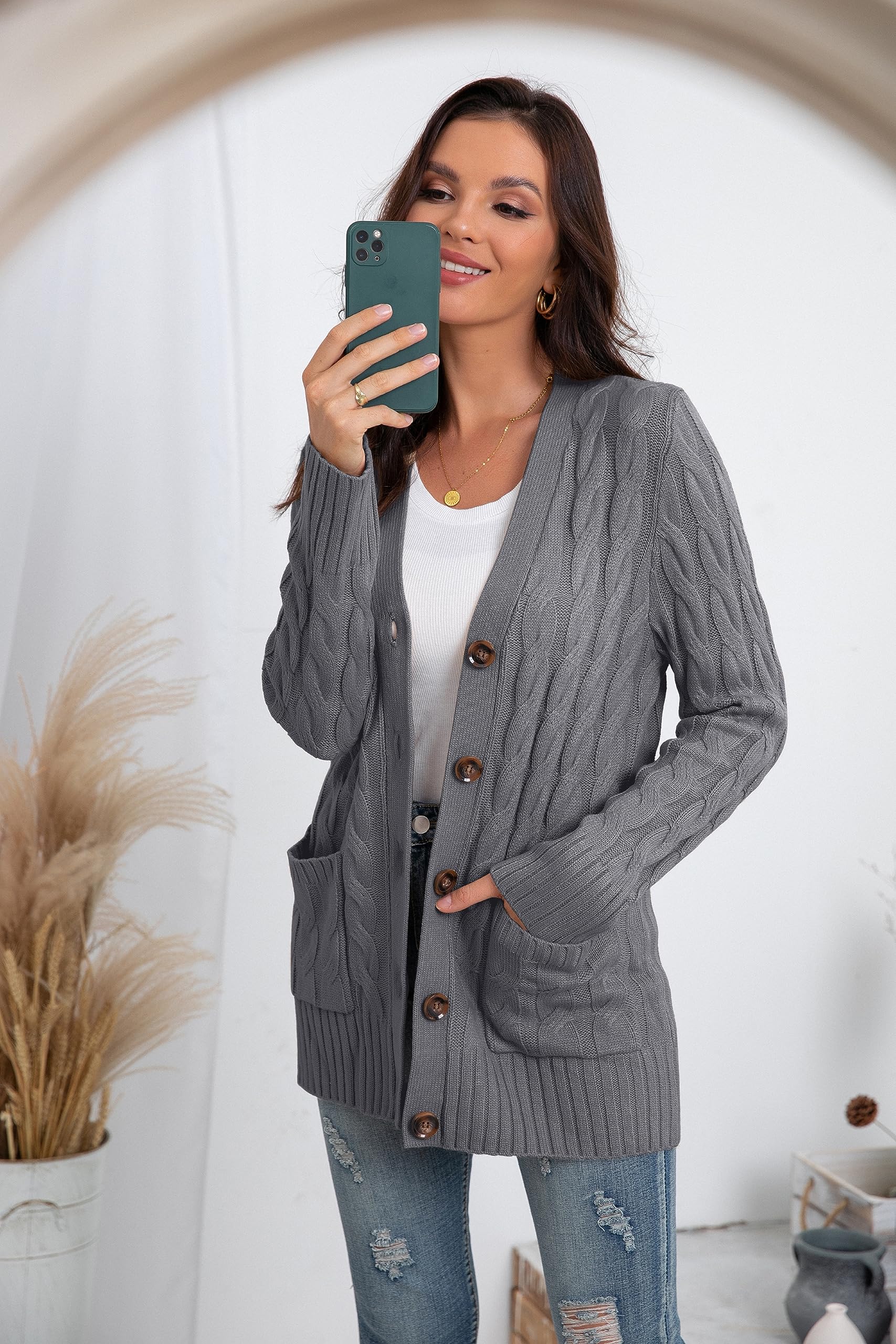 GRECERELLE Damen Strickjacke Strick Cardigan Lange Elegant Strickjacken mit Taschen mit Knöpfen Strickwaren Übergroße Pullover Strickmantel für Herbst Winter Frühling