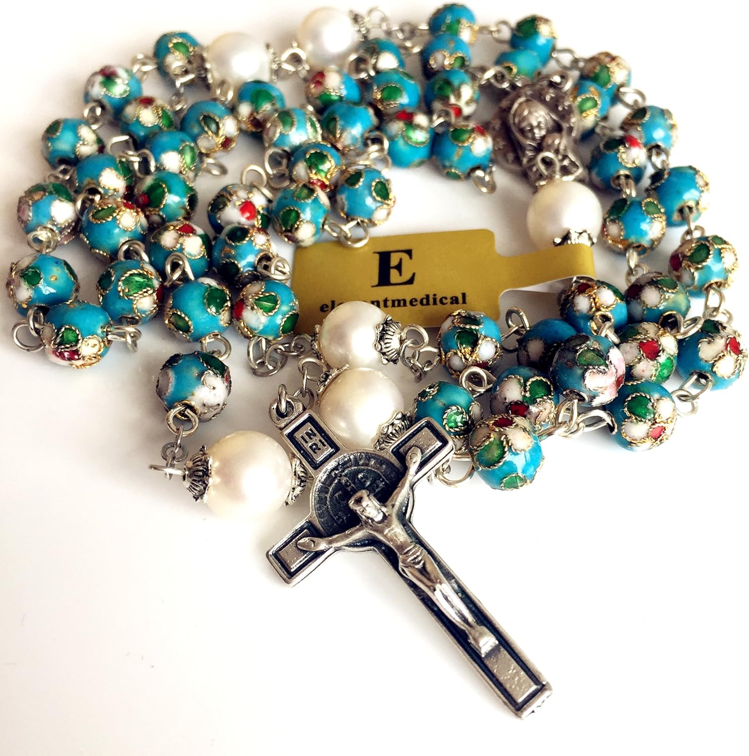 elegantmedical HANDMADE NICE Blue CLOISONNE & 10mm Pearl BEAD ROSARY NECKLACE Italy St.Benedict cross Box - Image 6