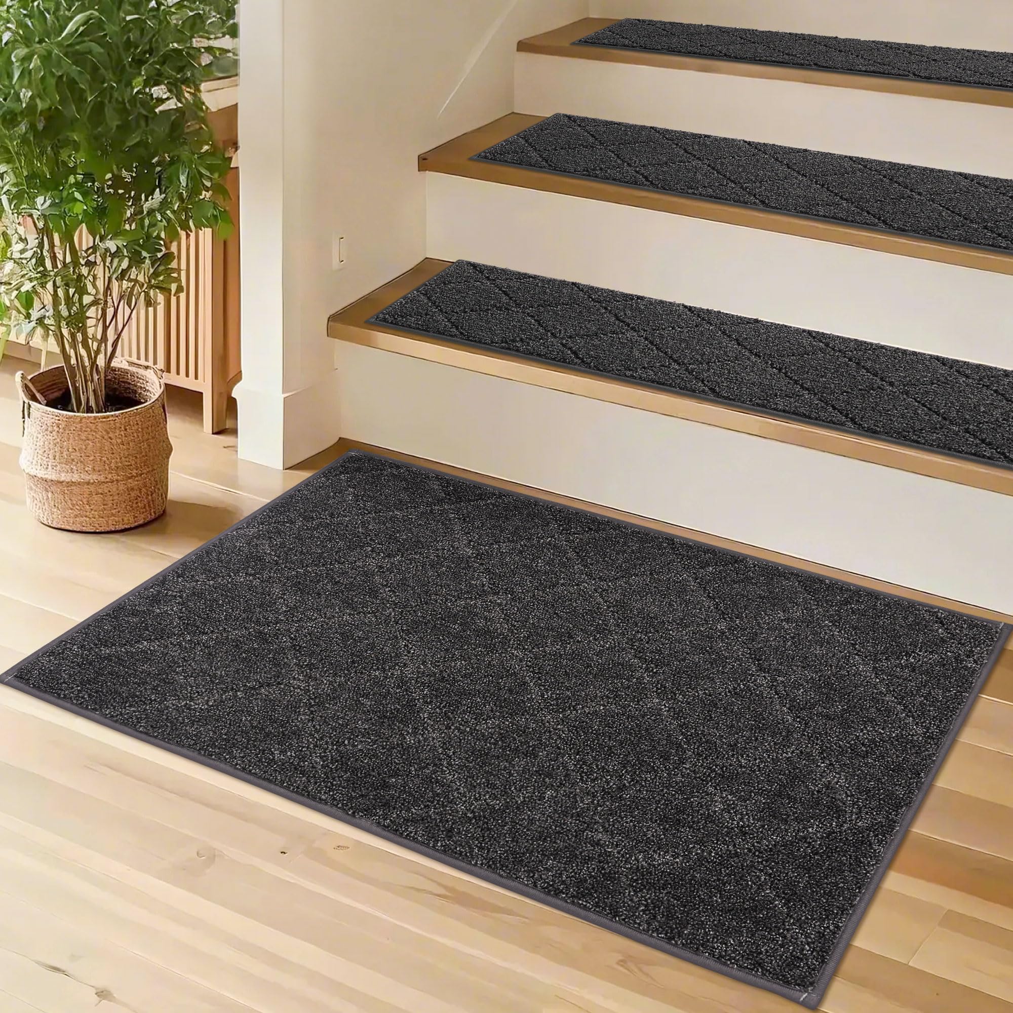 COSY HOMEER Edging Stair Treads Non-Slip Corner Indoor Stair Runners for Wooden Steps,Landing Slip Resistant Stair Rugs for Kids and Dogs, 100% Polyester TPE Backing,Black,20"X32"