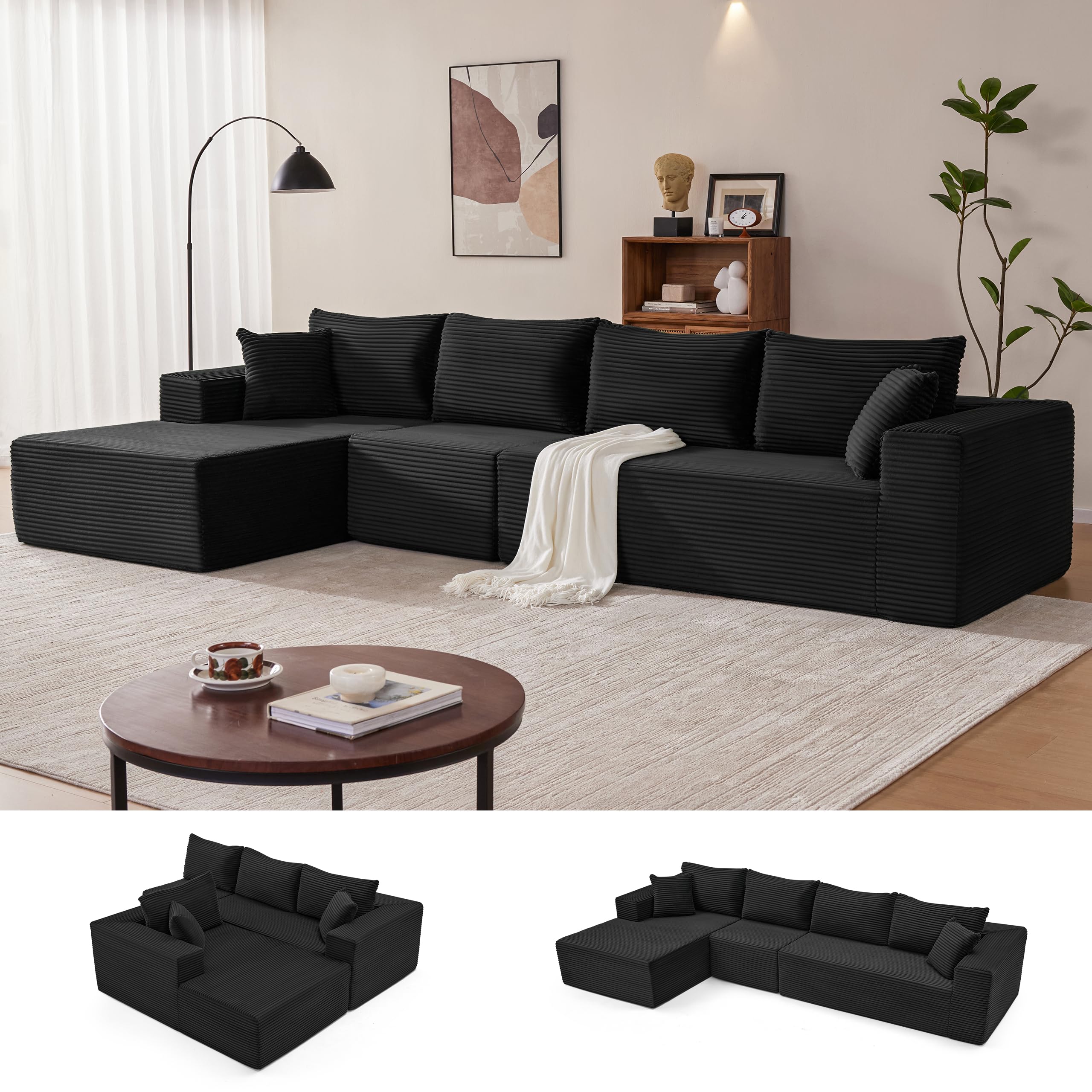 Mangodan 140” Cloud Sectional Couch, Modular Sectional Sofa with Deep Seat, Boneless Sofa for Living Room, Fluffy Comfy L-Shaped Couch with Left Facing Chaise, No Assembly Required, Black