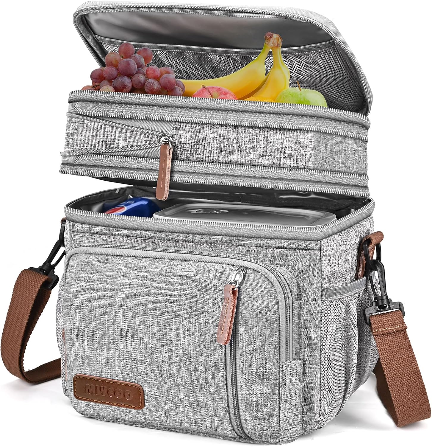 MIYCOO Lunch Bag & Lunch Box for Women Men, Double Deck Leakproof Insulated Soft Large Adult Camping Cooler bag for Work, Beach, Picnic, Travel (Grey, 15L)